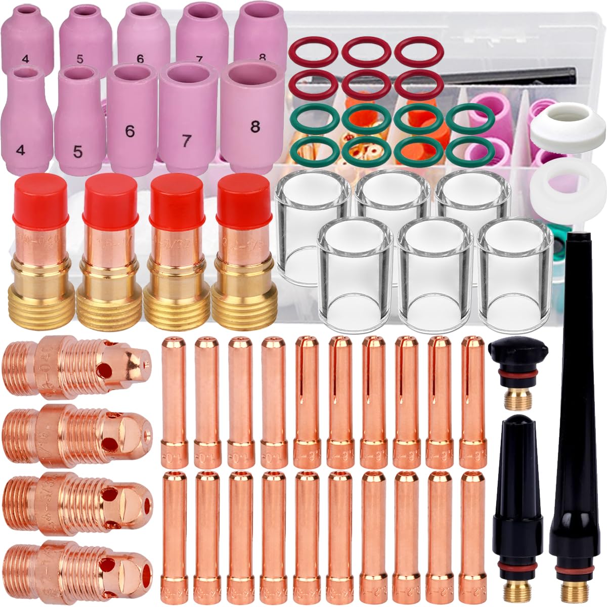 EATBALE for TIG Welding Torch Accessories Kit for WP 17 18 26, Welding Gun Stubby Gas Lens #10 Glass Cup Collet Body Alumina Nozzle Back Cup Collet Gasket 10N22S 10N23S 10N24S 10N25S Set (63Pcs)