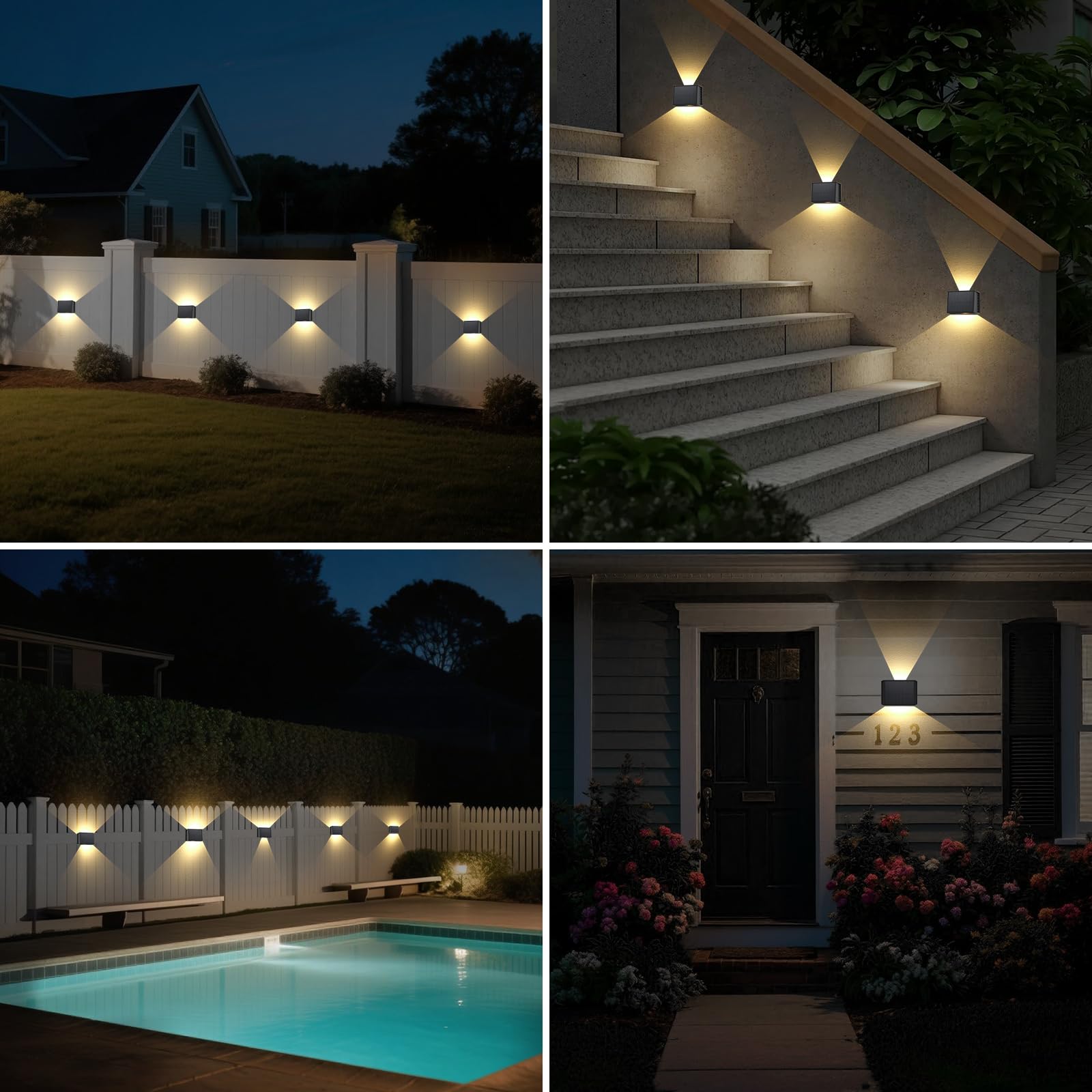 T-SUN Aplique Solar Exterior Pared 4 Piezas, 3000K Blanco Cálido Lámparas Solares Para Exterior Ángulo Del Haz Arriba y Abajo, Luces Solares Exteriores Jardin Impermeable para Porche, Camino, Garaje
