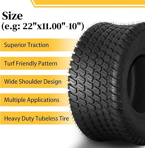 Miniatura 4 de SUNROAD 22 x 11-10 neumáticos de jardín para cortacésped sin cámara 22x11x10 4PR tractor césped carrito neumáticos PSI 22 carga máxima 1480 libras