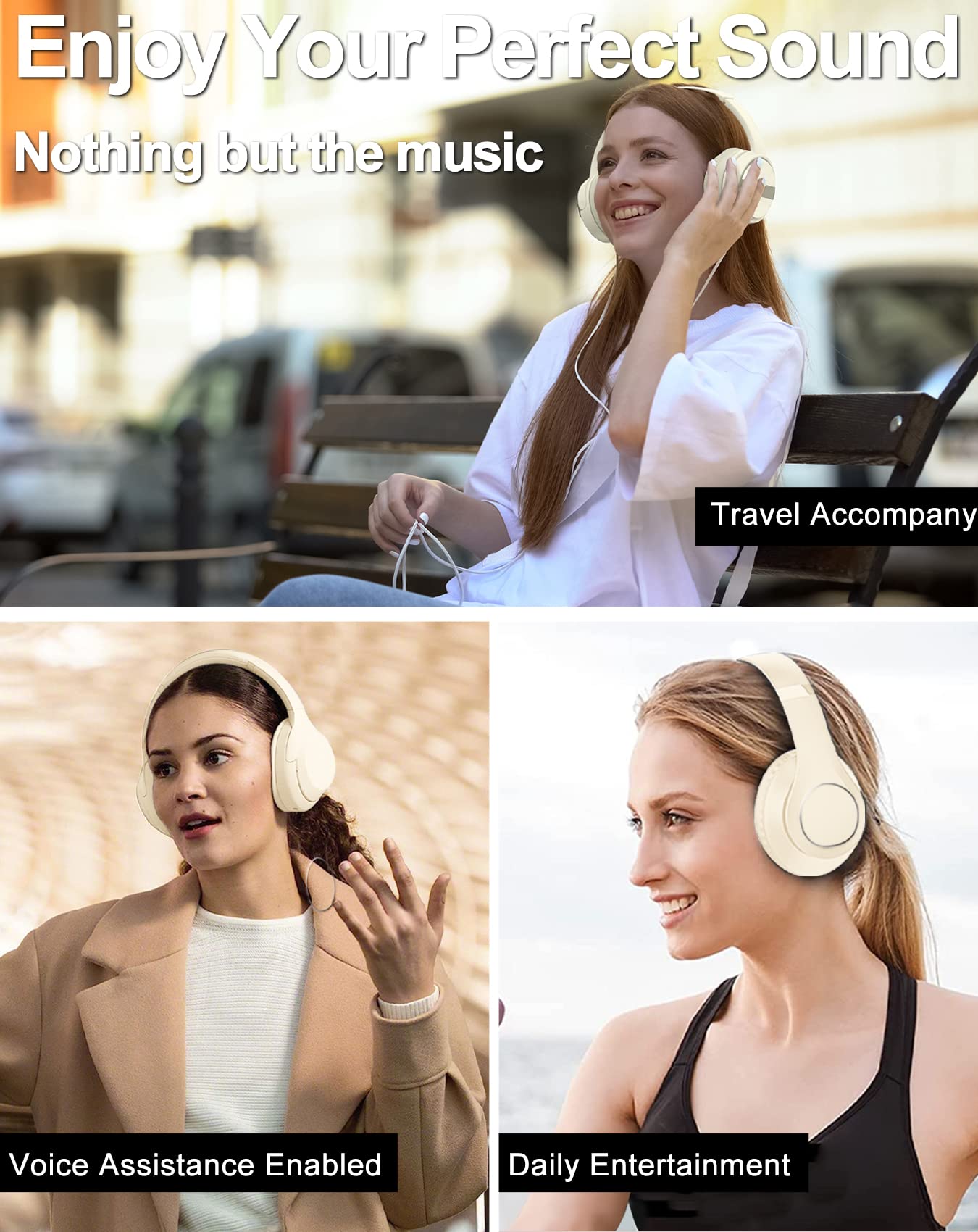 Cuffie wireless Bluetooth over-ear, 40 ore di riproduzione, cuffie wireless con microfono, cuffie pieghevoli leggere con suono stereo Hi-Fi, per viaggi e lavoro (beige)