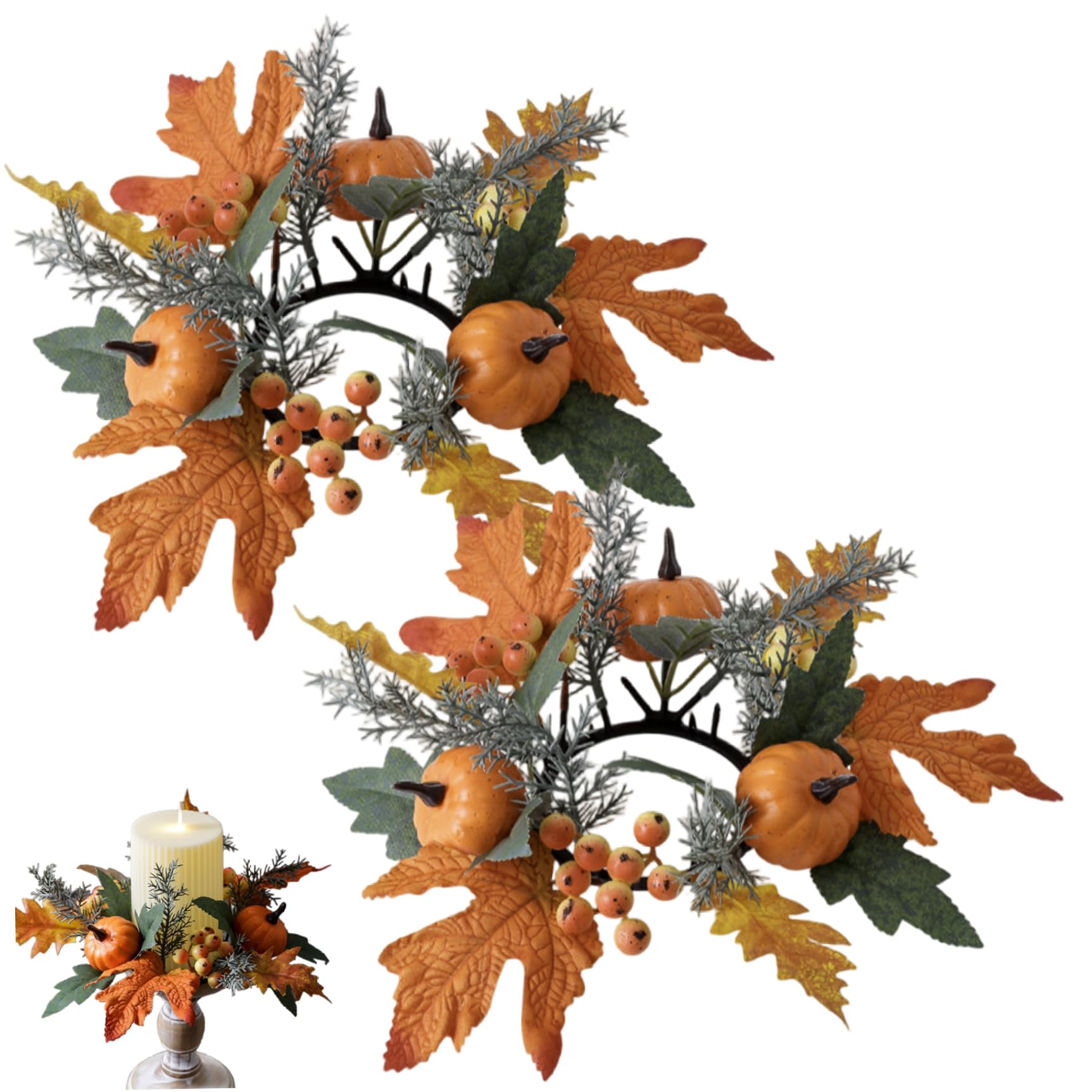 Hbbgdiy 2PCS Fall Candle Rings Pumpkin Maple Leaf Berry Wreaths, 3 Inch Centre Decorative Mini Candle Rings for Autumn Table Centrepiece, Farmhouse Mantel & Indoor Décor