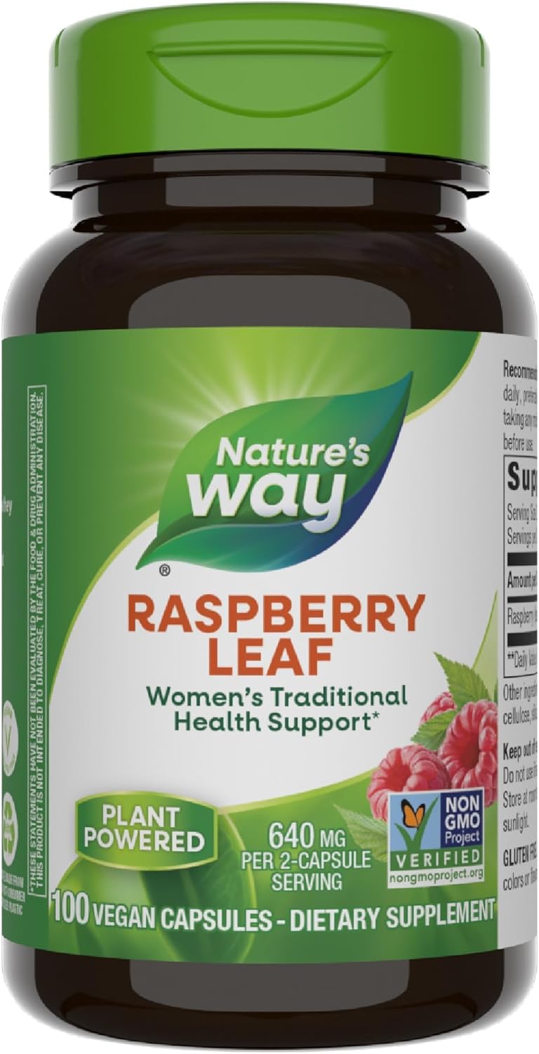 Nature’s Way Raspberry Leaf, Traditional Support for Women’s Health*, 640 mg per 2-Capsule Serving, Vegan, Non-GMO Project Verified, 100 Capsules (Packaging May Vary) Nature’s Way Raspberry Leaf, Traditional Support for Women’s Health*, 640 mg per 2-Capsule Serving, Vegan, Non-GMO Project Verified, 100 Capsules (Packaging May Vary)