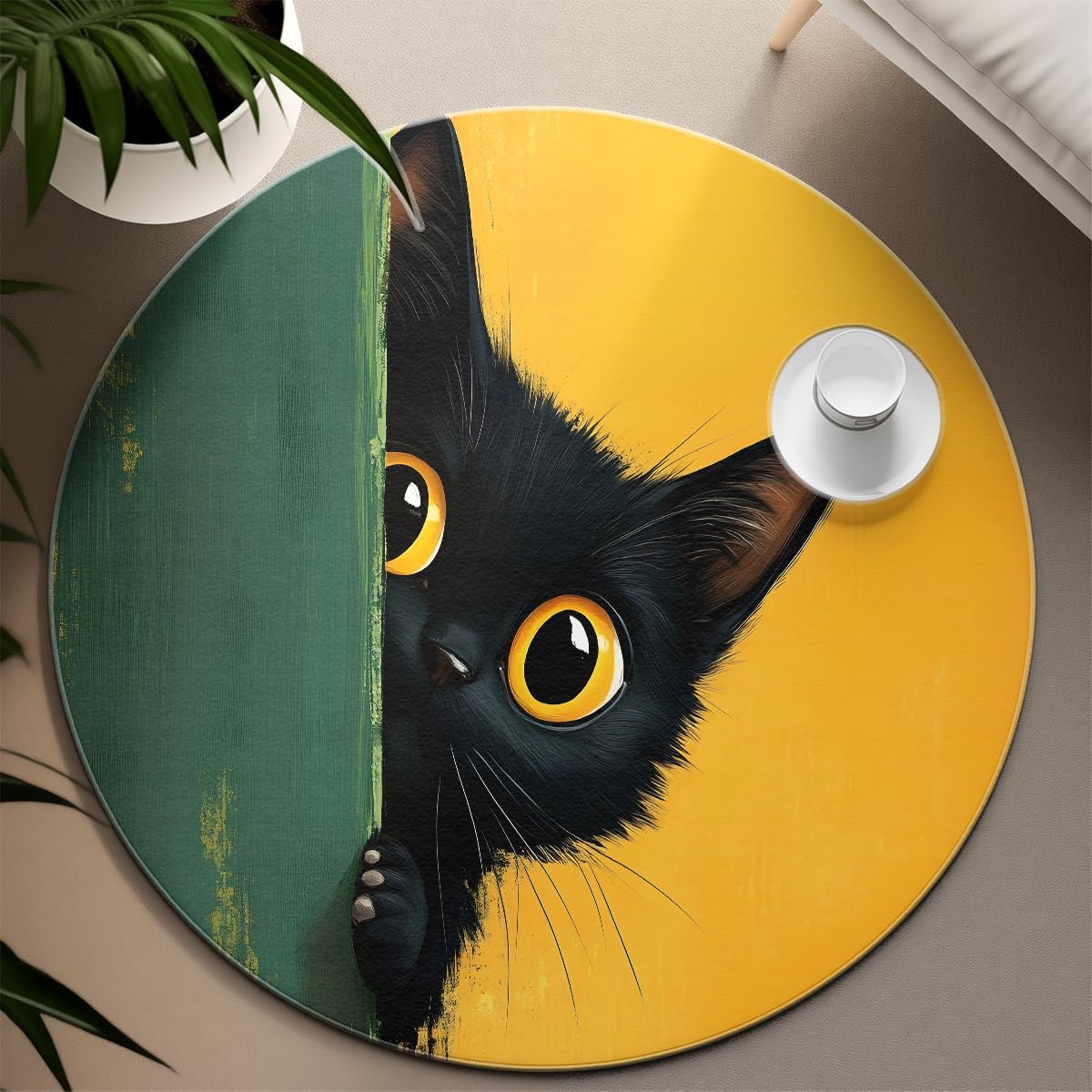 Tapis Rond pour Chat Joueur 80cm Tapis Jaunes Verts Animaux Mignons pour Chambre de bébé Rug à Poil Bas Lavable Tapis antidérapant pour Le Salon d’entrée