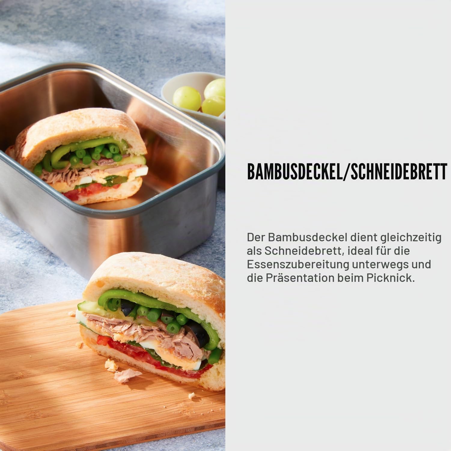 BLACK + BLUM Edelstahl Sandwichbox | Ozean | 1,25 L Edelstahl Dose mit Deckel | Silikon-Trennwand & Silikonband | Bambusdeckel/Schneidebrett | Lunchbox Erwachsene BPA-frei | Bento Box Erwachsene