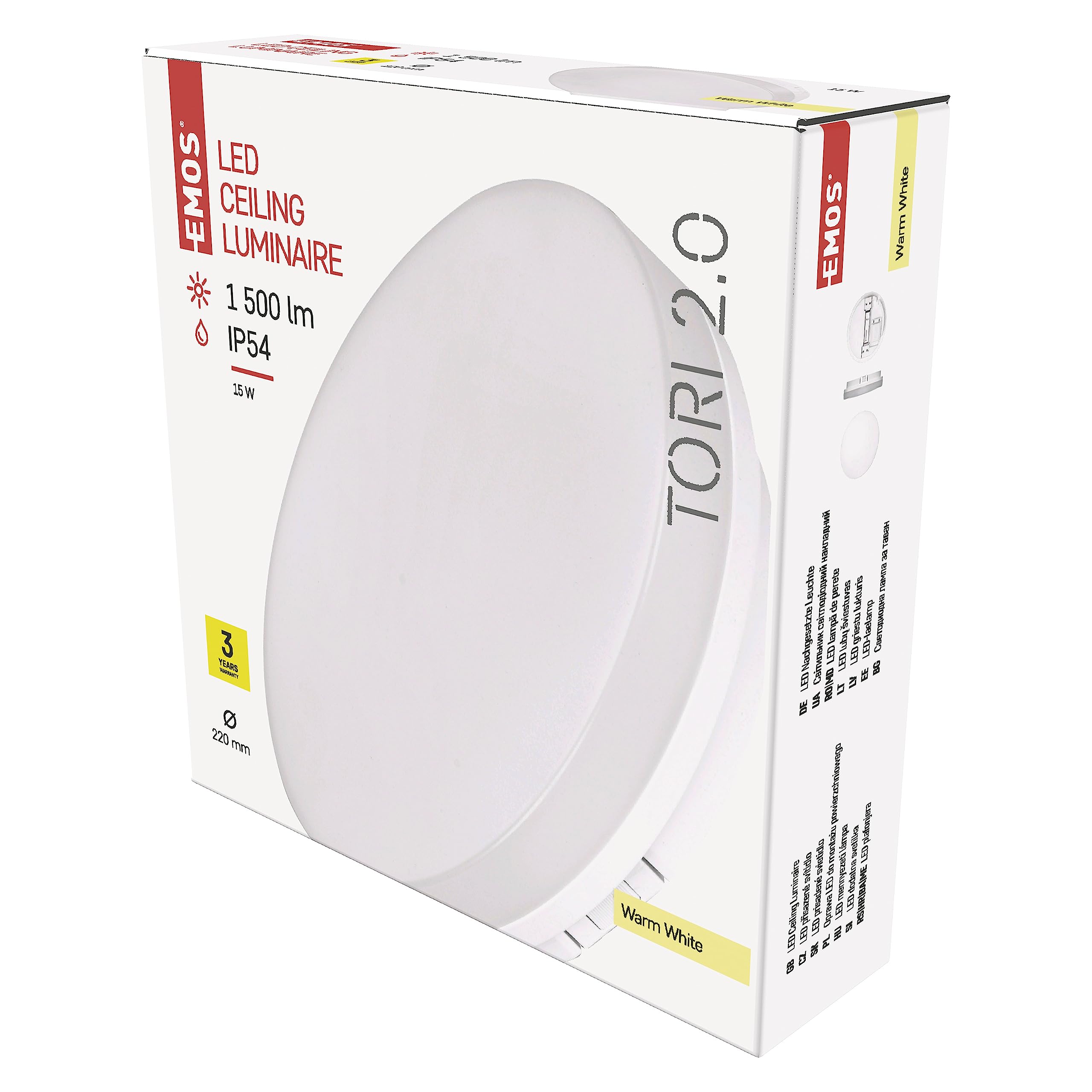 EMOS Tori LED Ceiling Light, Waterproof 15 W Bathroom Lamp for Outdoor and Indoor Use, 1500 lm Round Hallway Lamp/Bathroom Lamp, Warm White 3000 K, Ceiling Light for Hallway, Bathroom, Kitchen,