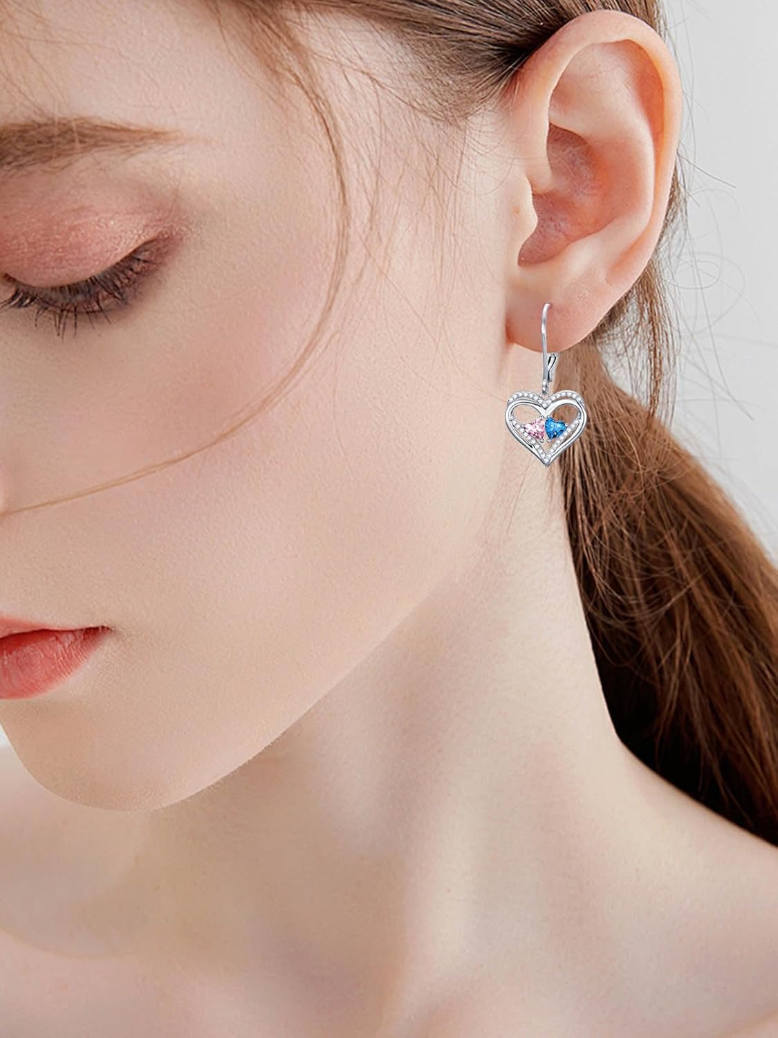 Mothers Day Gifts for Women, Heart Double Birthstone Hypoallergenic Leverback Dangle Earrings, Fashion Jewelry, Anniversary Birthday Gift for Mom Wife Daughter Grandma Sister Her