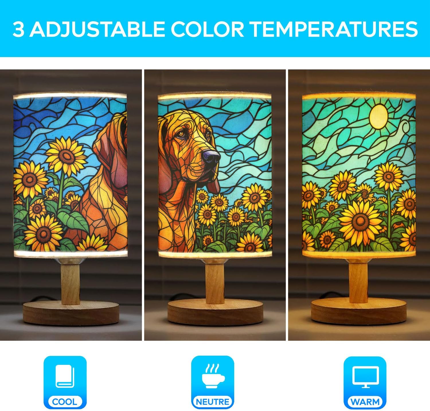 Bloodhound Table Lamp LED 3-Color Pressed Bedside, Dog Shade Lamp with Wood Base for Bedroom Living Room Desk Office
