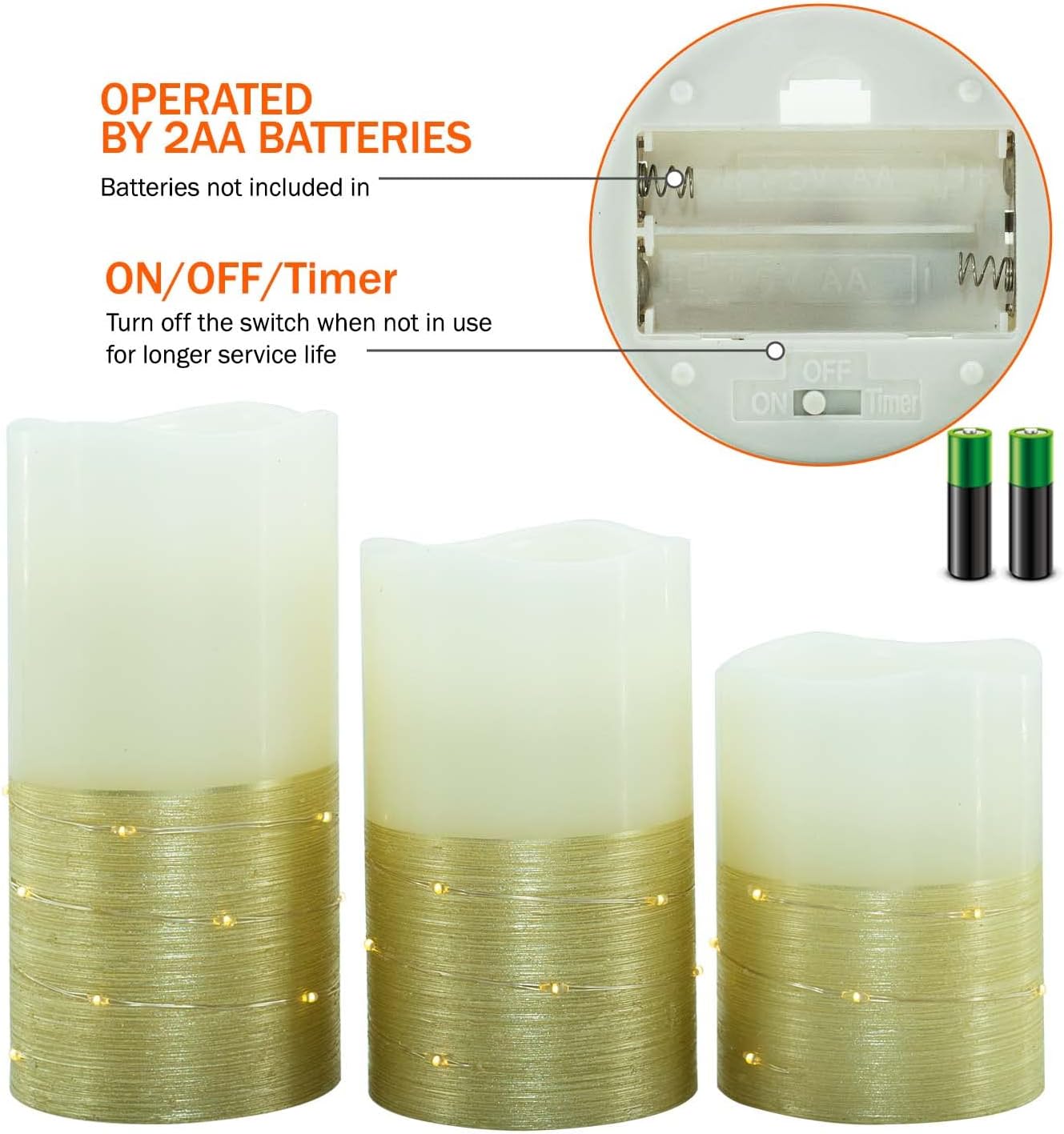 H-BLOSSOM Flickering Flameless Candles Ivory Real Wax Pillar with Embedded String Lights LED Candles Battery Operated with 10 Key Remote and Cycling 5H Timer Set of 3 (3 x 4/5/6) (Gold)