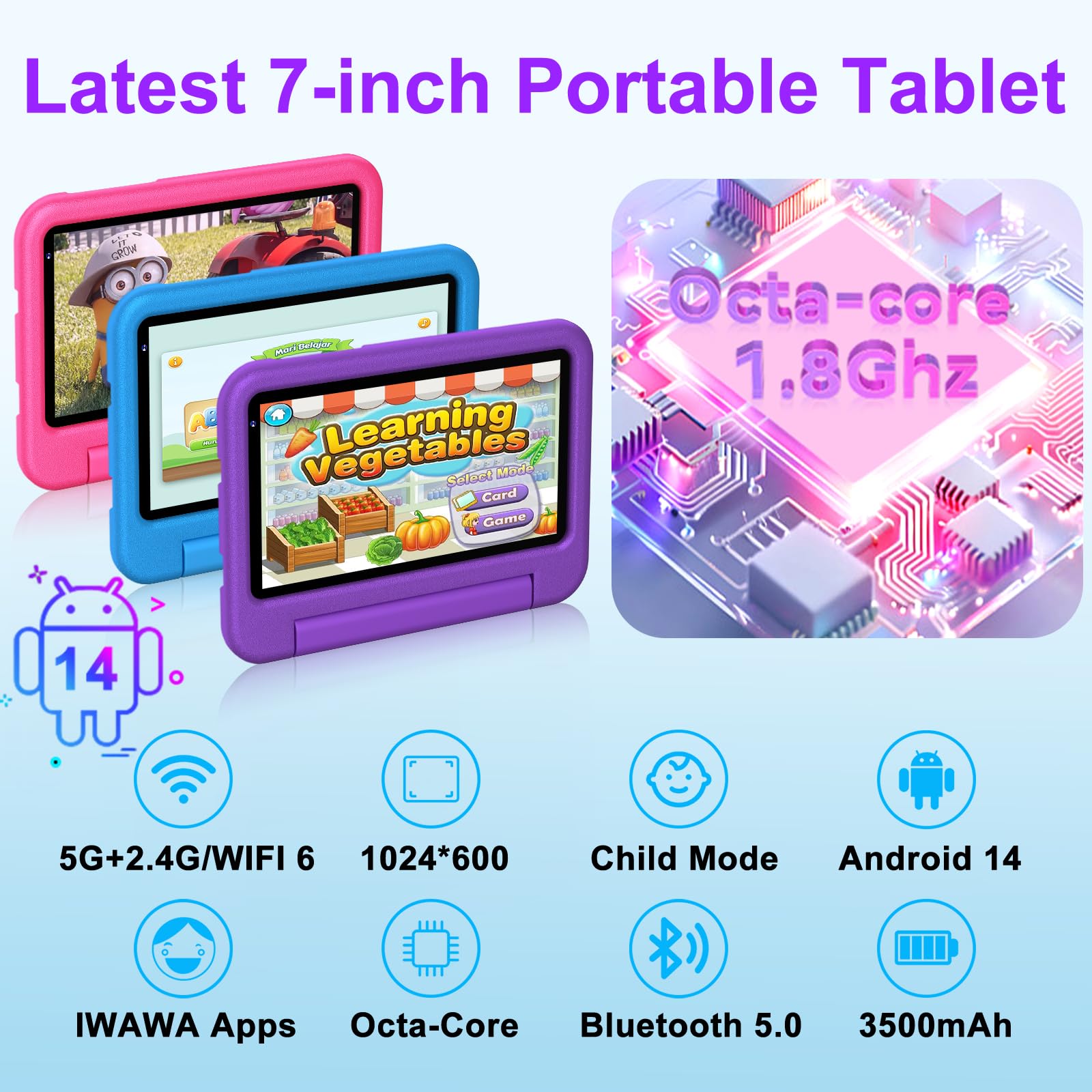 DEERTiME Tablet Andorid 14 Bambini 7 Pollici 10GB RAM + 64GB ROM (TF 1TB), WiFi 6, BT5.0, Octa-Core, Controllo Parentale | Doppia Fotocamera | GMS Certificated | GPS | Tablet con Custodia EVA - Viola