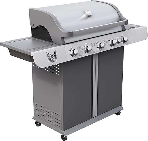 BBQ CHIEF Vision Gasgrill – 5 Brenner Edelstahl, 15 kW, Seitenbrenner, 2,5 kW, Gussrost, Warmhalterrost, Deckel, Thermometer, Rollen – Grill, Grillwagen, Grillstation, Camping,…