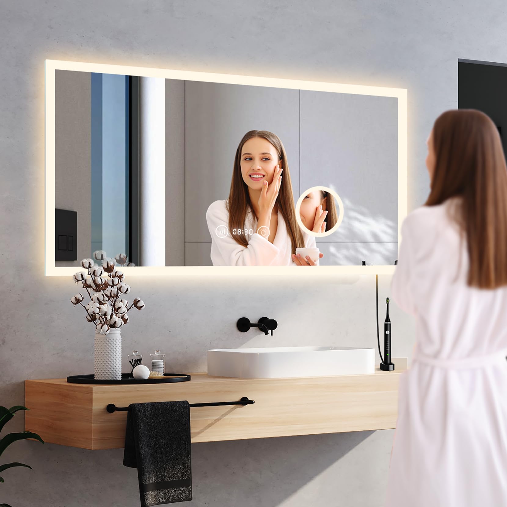 YOLEO Miroir de Salle de Bain avec éclairage, Miroir LED avec Horloge, Température, Grossissement 3X, Miroir Mural avec Prise électrique, antibuée, 3 Couleurs de Lumière réglables, 100 x 60 cm