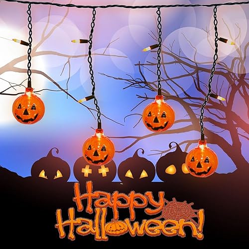 Luces de otoño y Halloween enchufables de 7 pies de largo, 25 unidades, mini cortina de luces con 10 unidades de Halloween, farol Jack O Lantern,