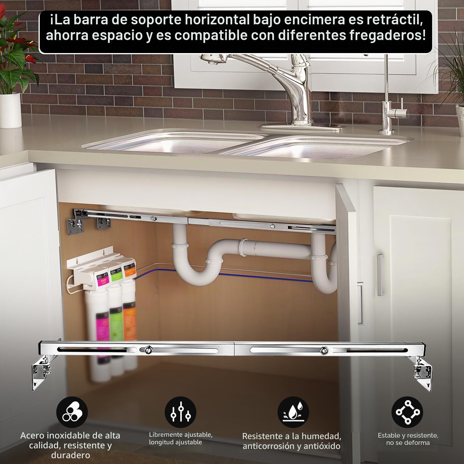 Juego de 2 soportes para fregadero bajo encimera, ajustables, soporte lateral sin costura, kit de montaje de acero inoxidable para distribución del peso, apto para fregaderos pesados y baño (51-80cm)