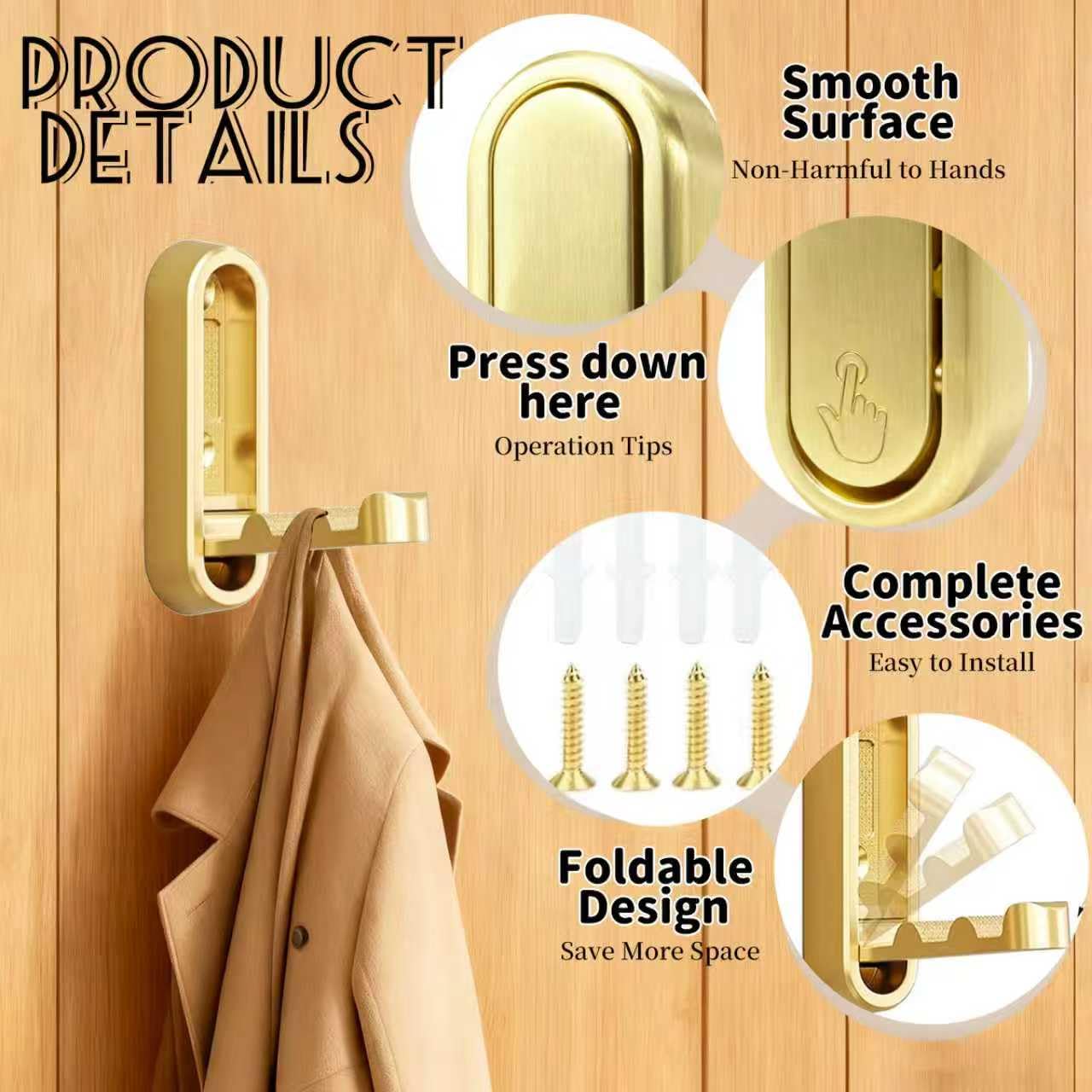 Ganchos de pared plegables, 4 ganchos plegables de metal, ganchos plegables de pared, para colgar abrigos, toallas, ropa, sombreros, bolsas y llaves