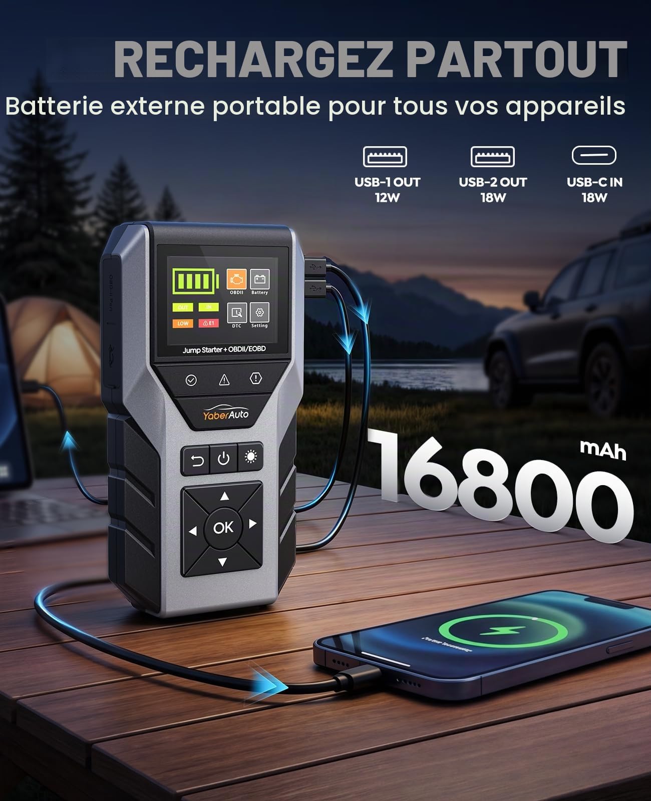 YaberAuto Booster Batterie Voiture 6000A avec Valise Diagnostic OBD2 et Testeur de Batterie, Batterie Externe de Démarrage 16800mAh pour Tous Moteurs Essence et Diesel 10,0 L, Lampe LED, Câbles Inclus