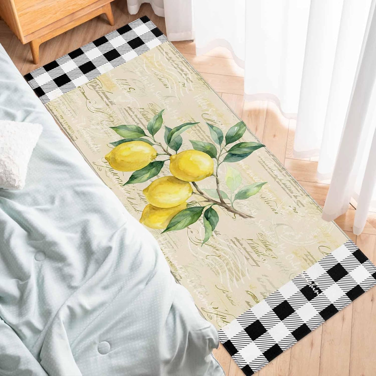Teamery Kitchen Mats for Floor Summer Fruit Lemon on Retro Paper Washable Non Slip Kitchen Rugs 1PCS, White Black Plaid Absorbent Standing Mats for Sink Bathroom Office Living Room 23.6x70.9in
