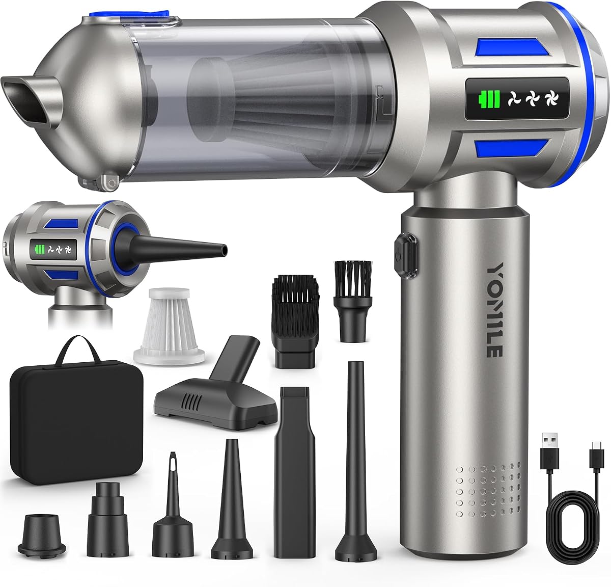 Mini aspirador, 2 en 1 27000PA aspirador de coche sin escobillas aspirador de aire de batería de 9000 mAh soplador de aire aspirador de mano inalámbrico para coche,oficina y hogar