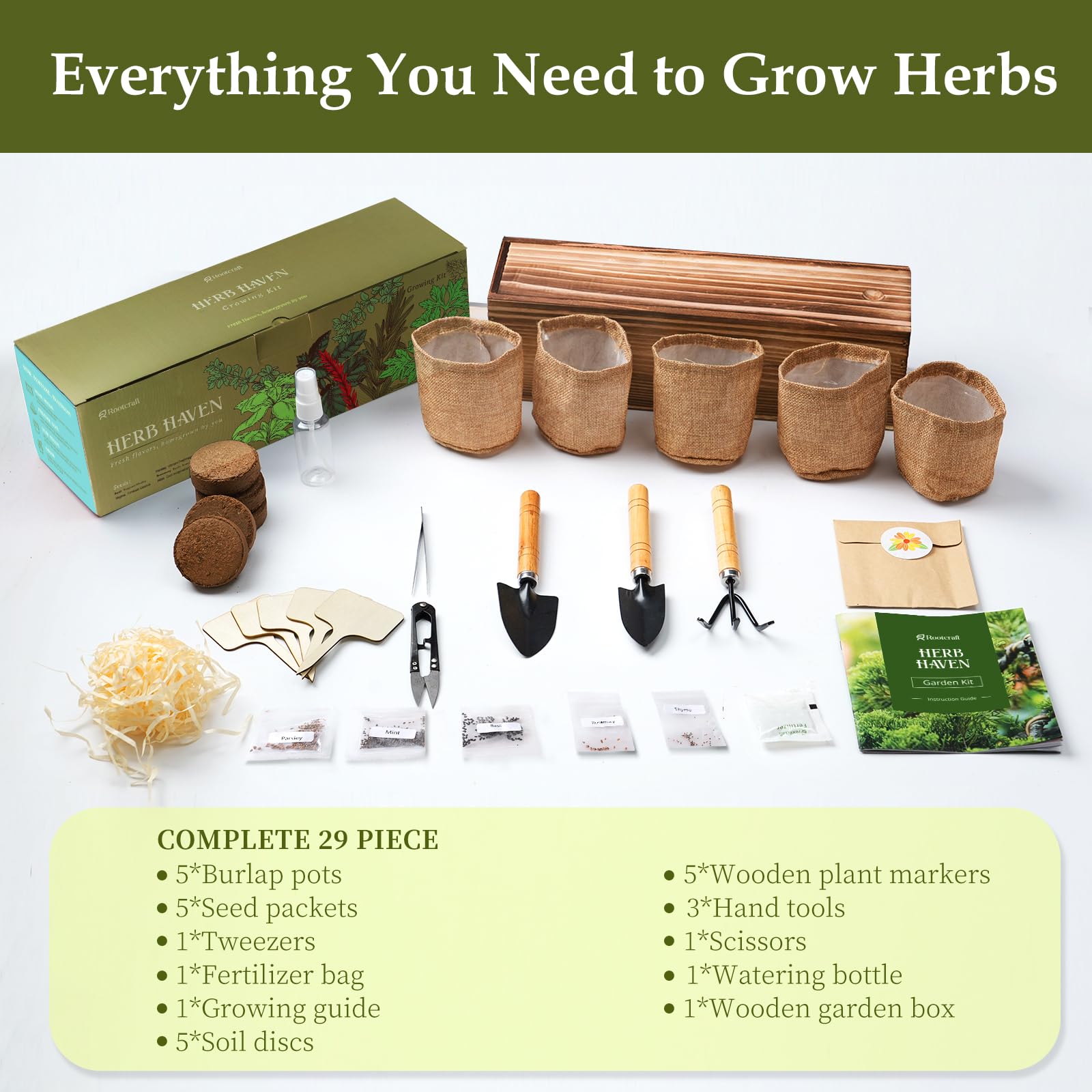 Pot de fleurs de jardin à 5 herbes avec boîte en bois, kit de démarrage de graines de cuisine pour la maison, y compris basilic, thym, persil, romarin, menthe, anniversaire, fête des mères, pendaison