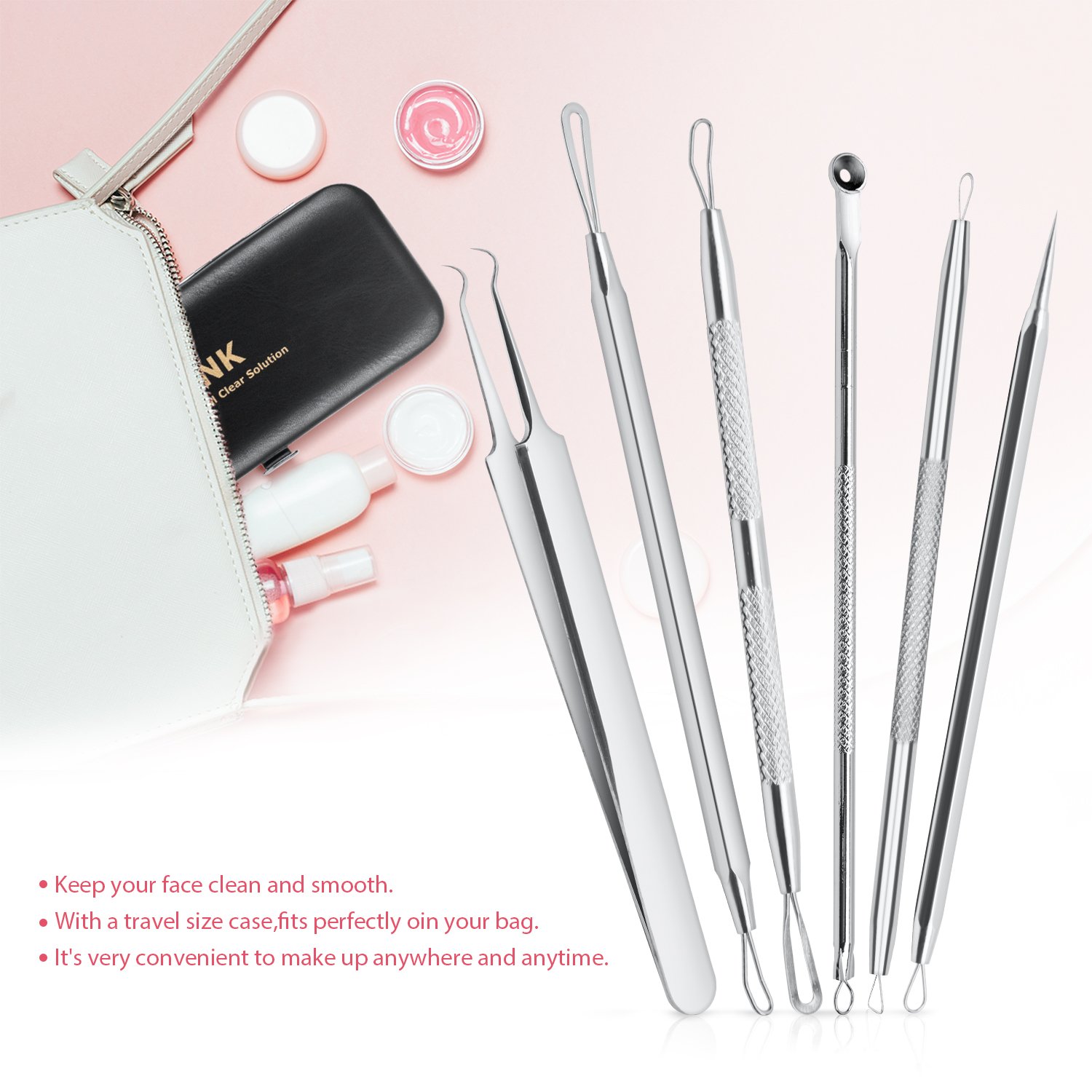 Blасk Frіdау - 50% оƒƒ JPNK 6 PCS Blackhead Remover Comedones Extractor Acne Removal Kit for Blemish, Whitehead Popping, Zit Removing for Nose Face Tools with a Leather bag(Silver)