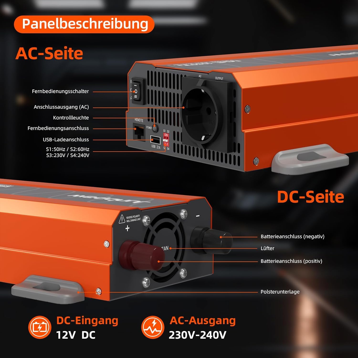1080W Reiner Sinus Wechselrichter 12V auf 230V AC | Leiser Lüfter & Feststoffkondensatoren, 3000W Spitzenleistung, Innovatives Design für Zuhause, Wohnmobil, Camping, Off-Grid & Outdoor-Abenteuer