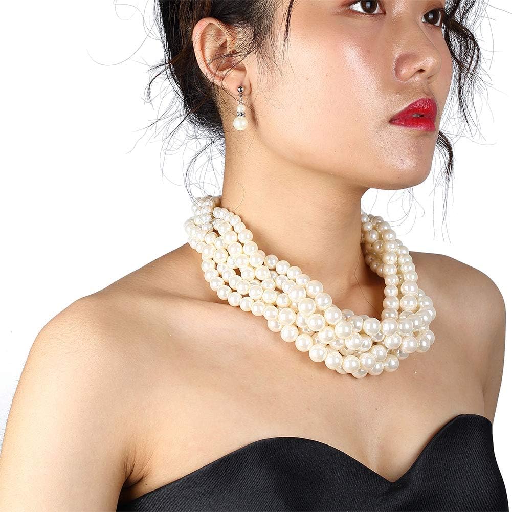 Kalse Simulated Pearl White Beads Cluster Statement Chunky Bib Short Choker Necklace 16 17 18 inch - Image 4