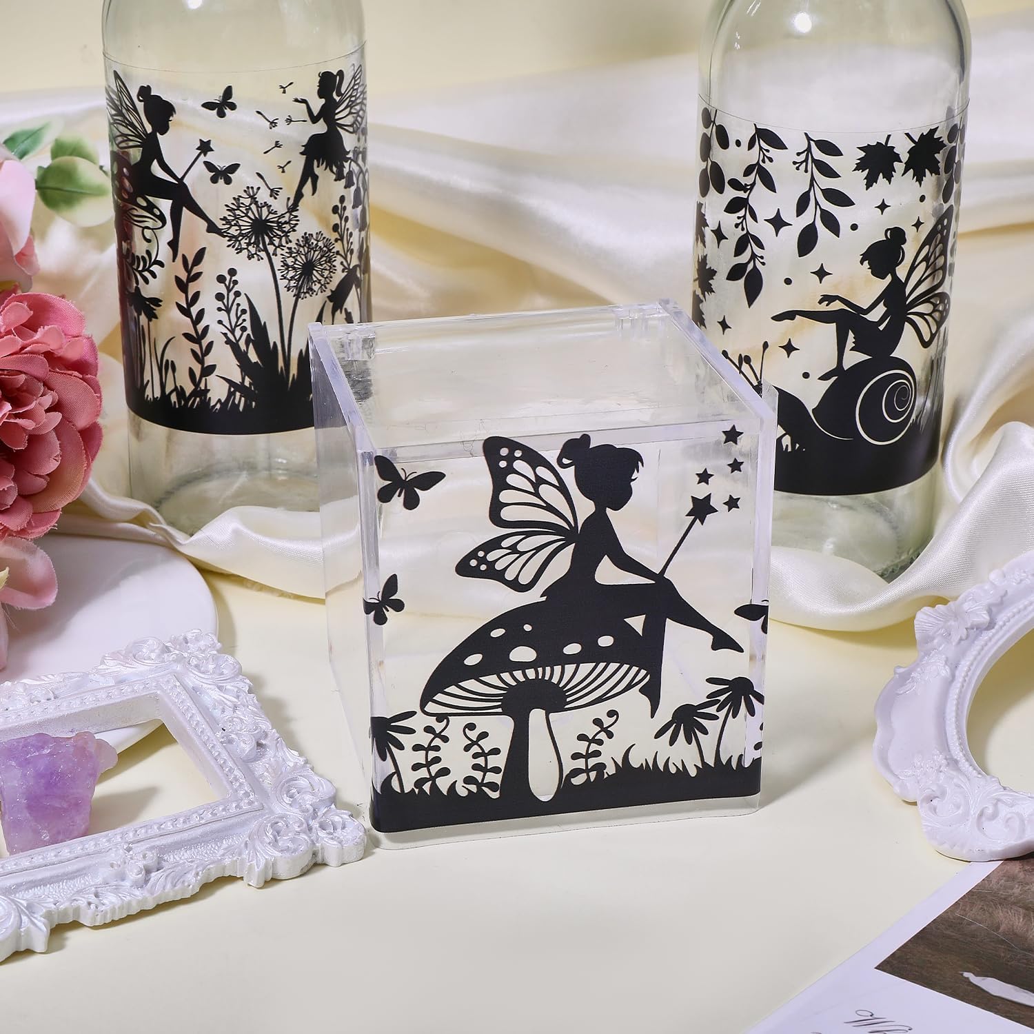 GLOBLELAND 25 Sheets Fairy Dandelion Silhouette Mason Jar Decals Stickers Flower Moon Plastic Silhouette Wall Decal Stickers Adhesive Lantern Jar Sticker Window Lamp Decals Glass Art Mural Home Decor