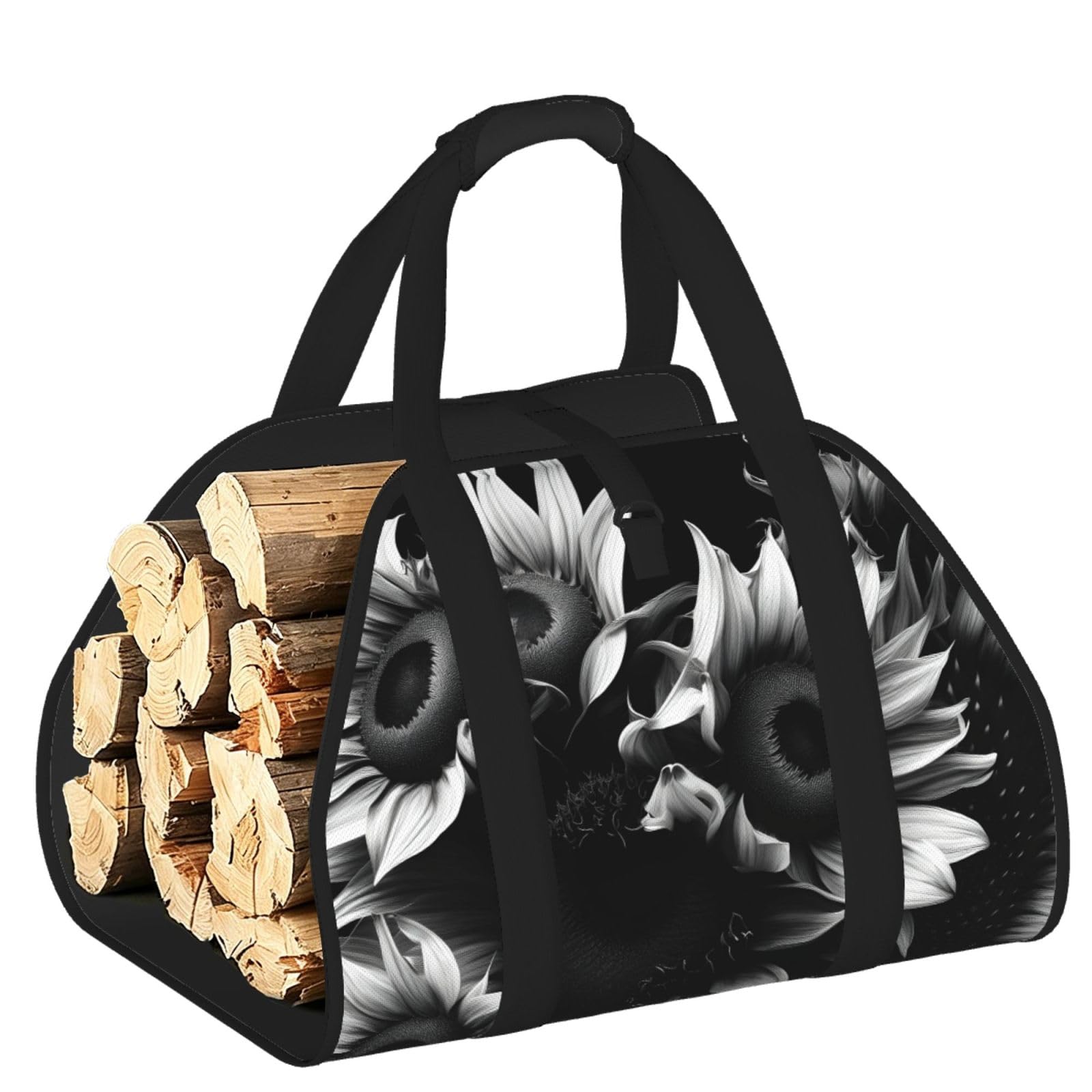 black and white sunflowers Printed Firewood Carrier Bag, Log Tote with Open-Ended Design for Camping Outdoor Wood Hauling