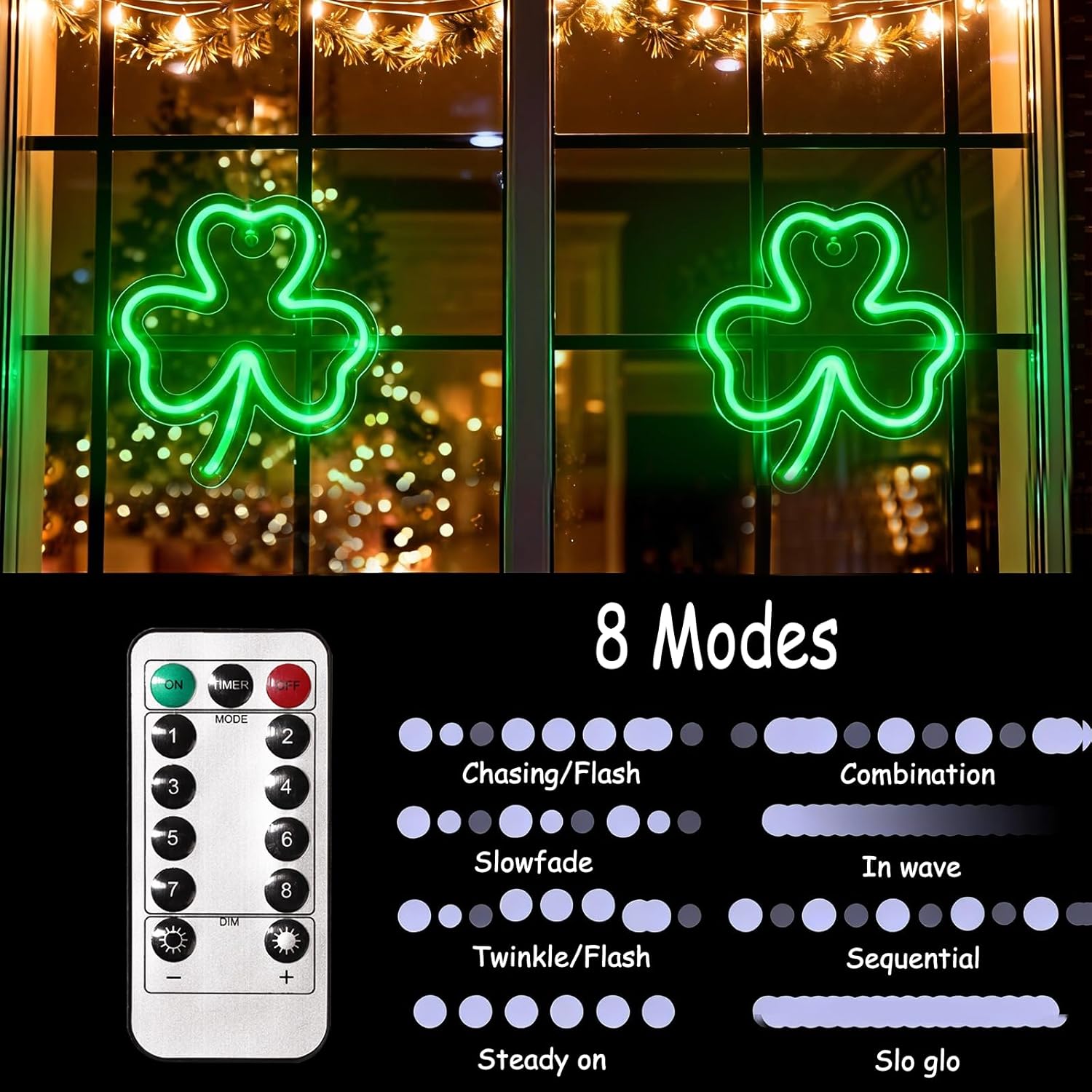3 Packs St. Patrick's Day Window Lights Decorations with Timer, 8 Modes Green Shamrock Neon Sign with Remote, USB Powered Shamrock String Lights for Home Wall Indoor Outdoor