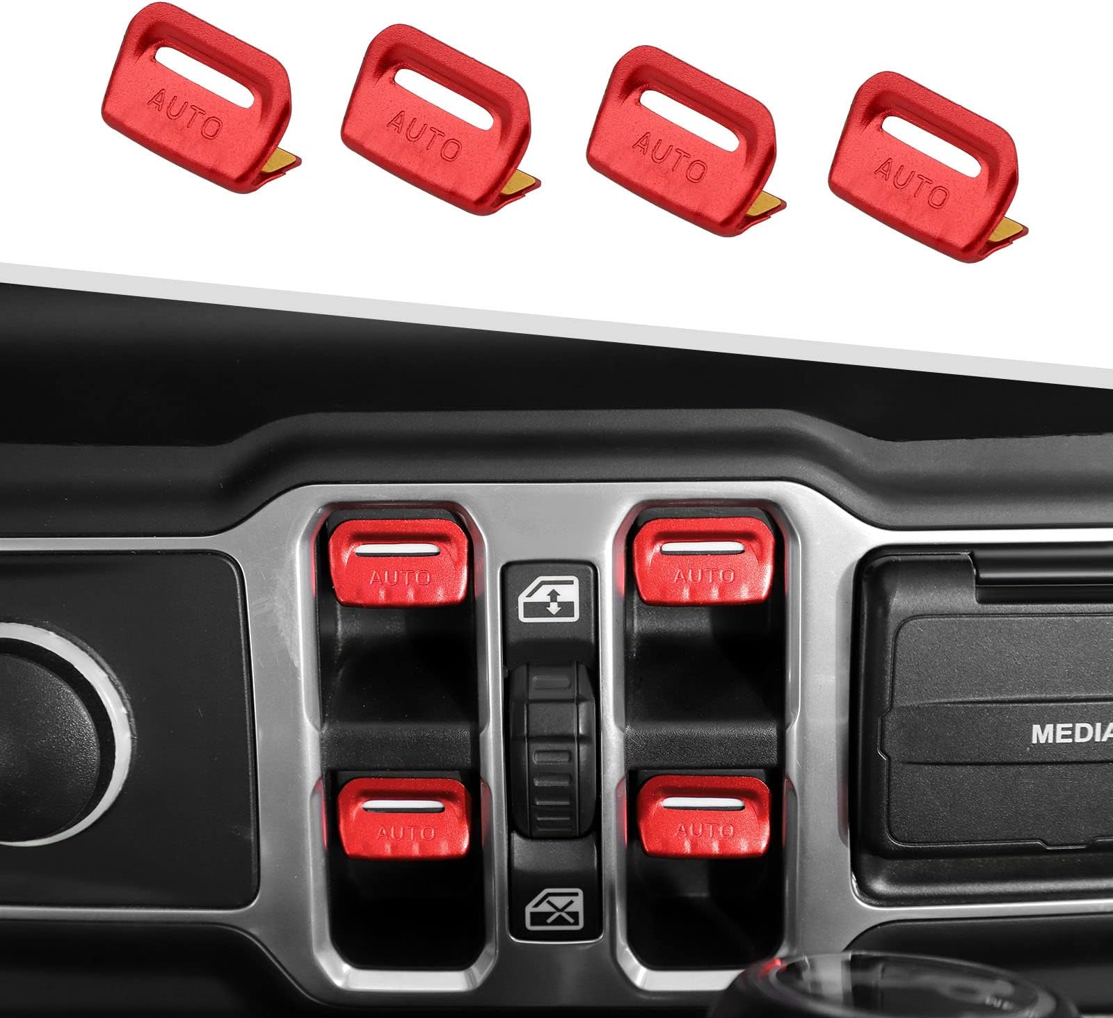 Jimen for JL/JT Window Button Cover, 4 Pack Window Switch Cover Trim Interior Accessories Compatible with Jeep Wrangler JL and Gladiator JT 2018-2023, Aluminum Alloy (Red)
