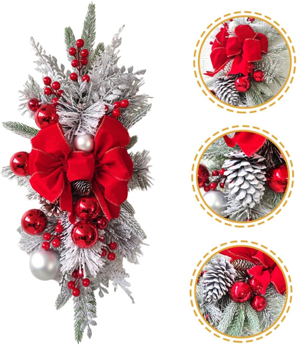 CANIGHT Stair Swag Christmas Teardrop Bow Decor Nordic Style Unlit Garland for Fireplace Window Festive Greenery for Holiday Home Decoration