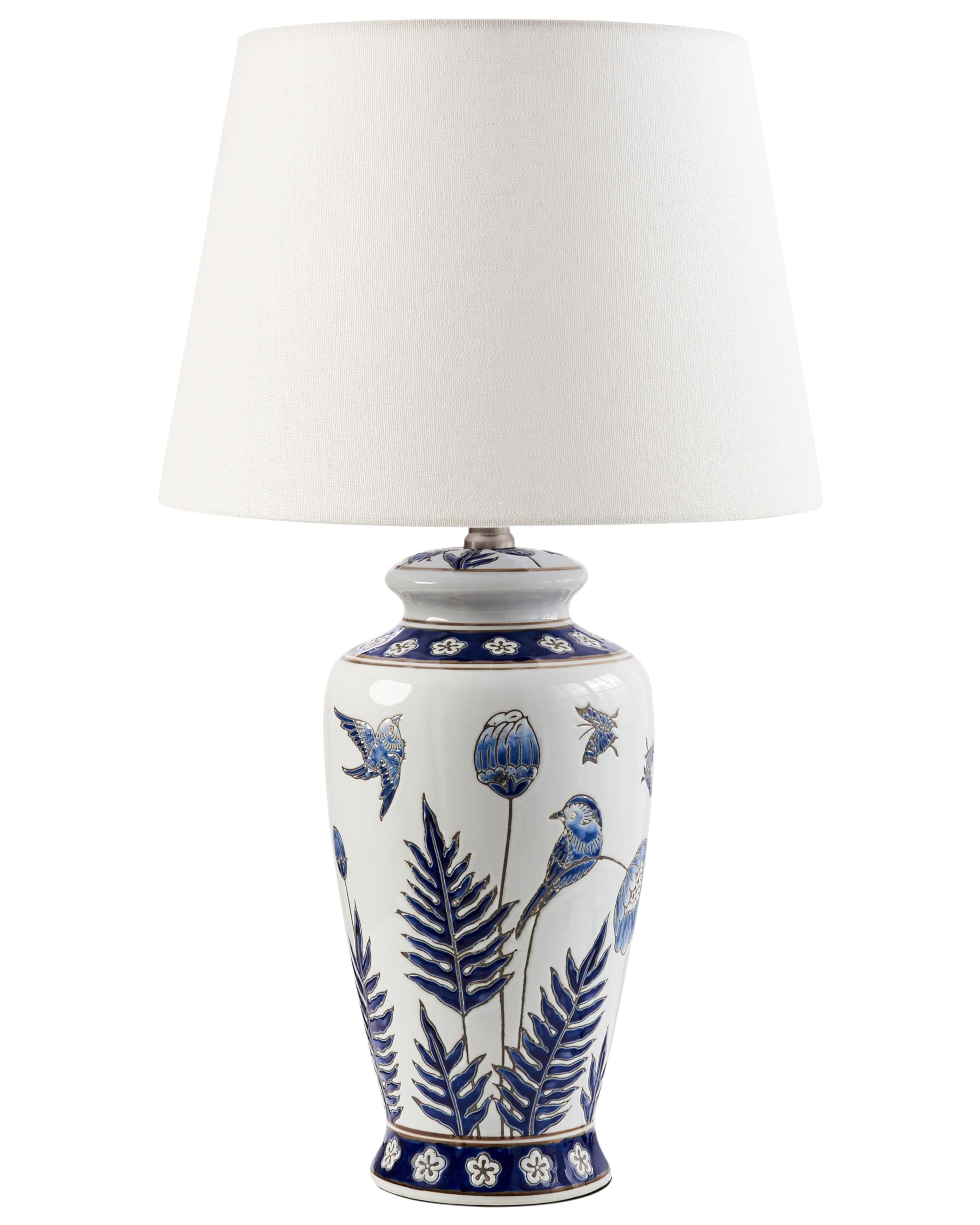Stylish Table Lamp with a Floral Patten Porcelain Base Linen Drum Shade Lighting White and Blue Bijela