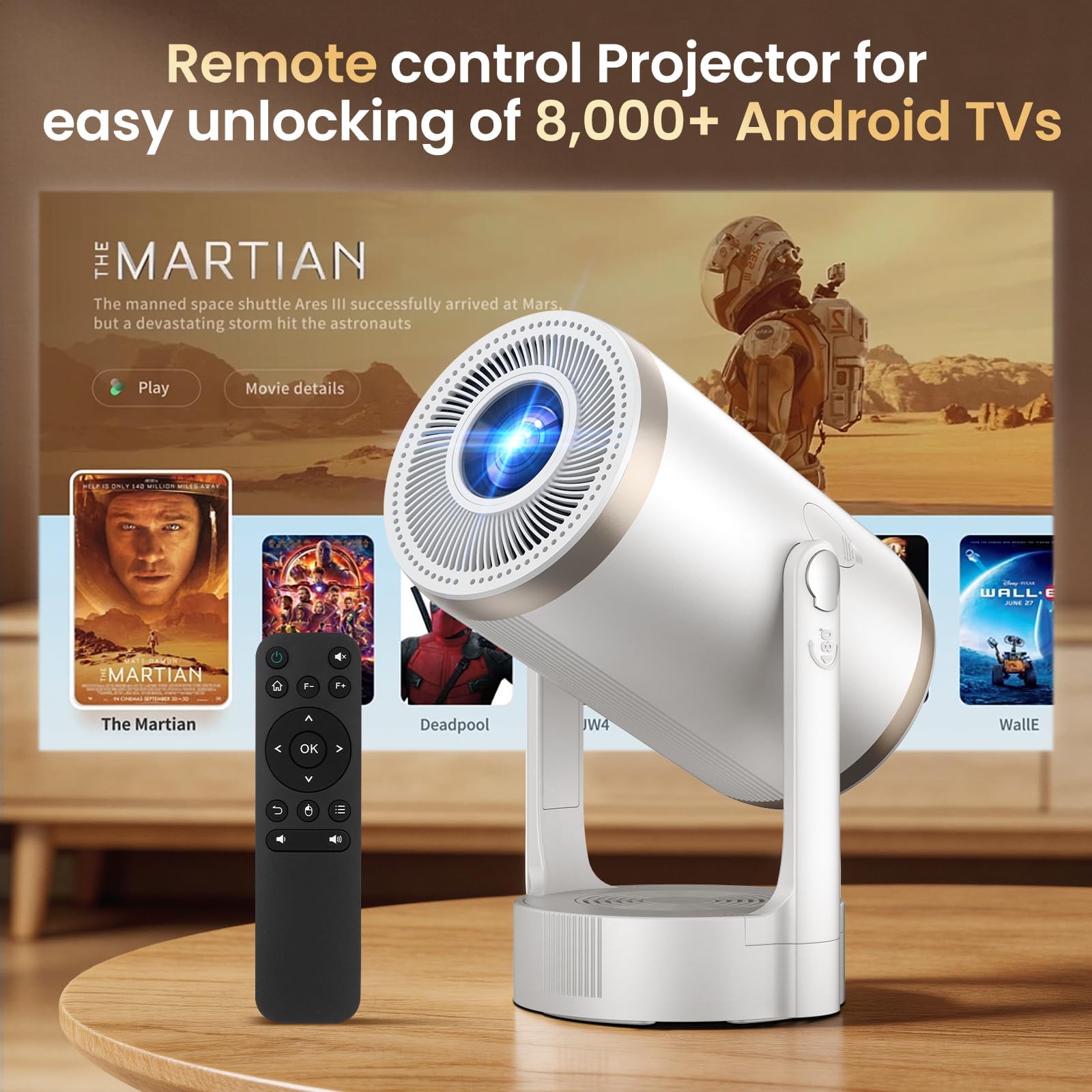 Proyector Portátil Soporte 4K 1080P, Mini Proyector Android 12.0 WiFi 6 | Bluetooth 5.4, 22,000 Lumen Automática Keystone & Enfocar, 3 Formas de Instalación 180° Rotation para Cine en Casa Exterior