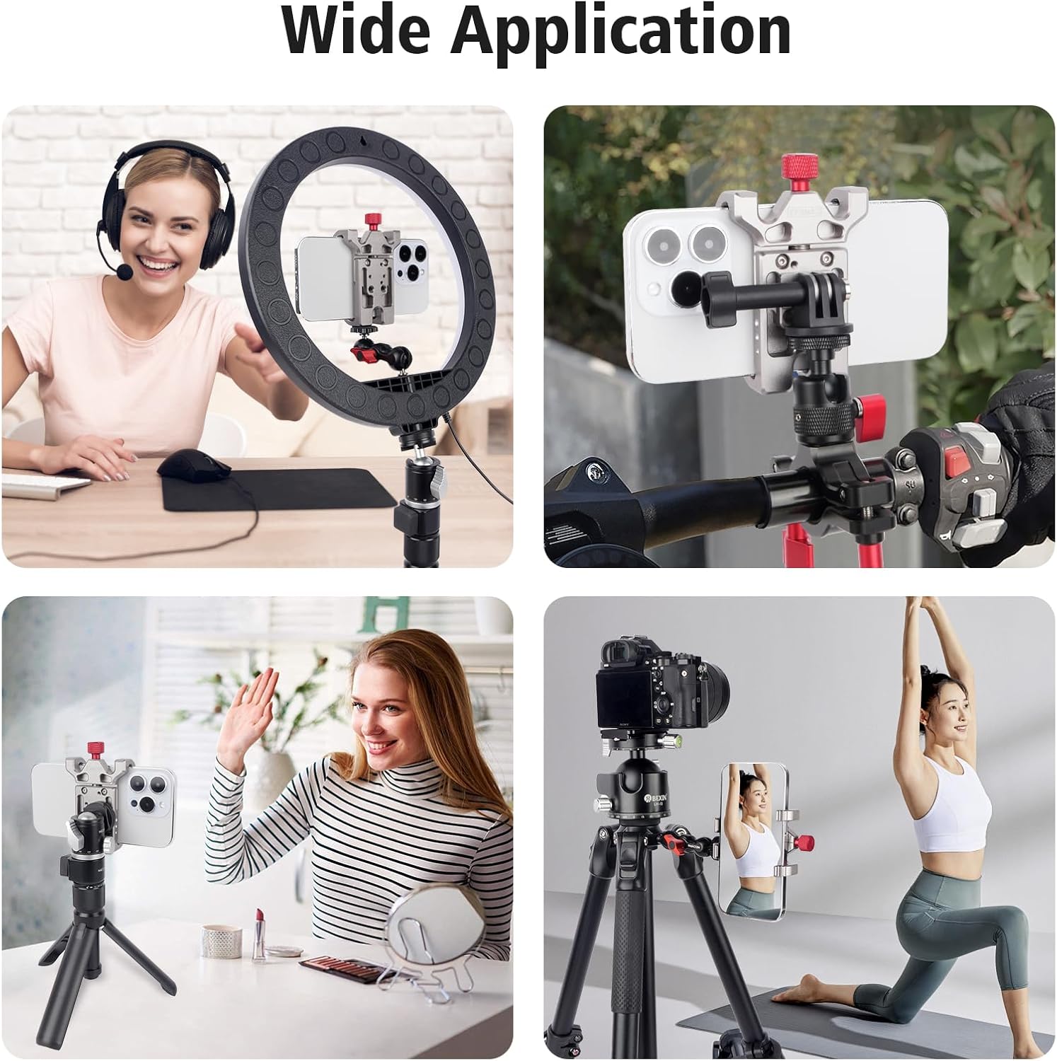 Aluminum Alloy Phone Mount Adjustable Clamp with 1/4" Screw Holes for Smartphones, Microphones, LED Lights (Compatible with Tripods, Motorcycle Handlebars, Car Headrests) 61001