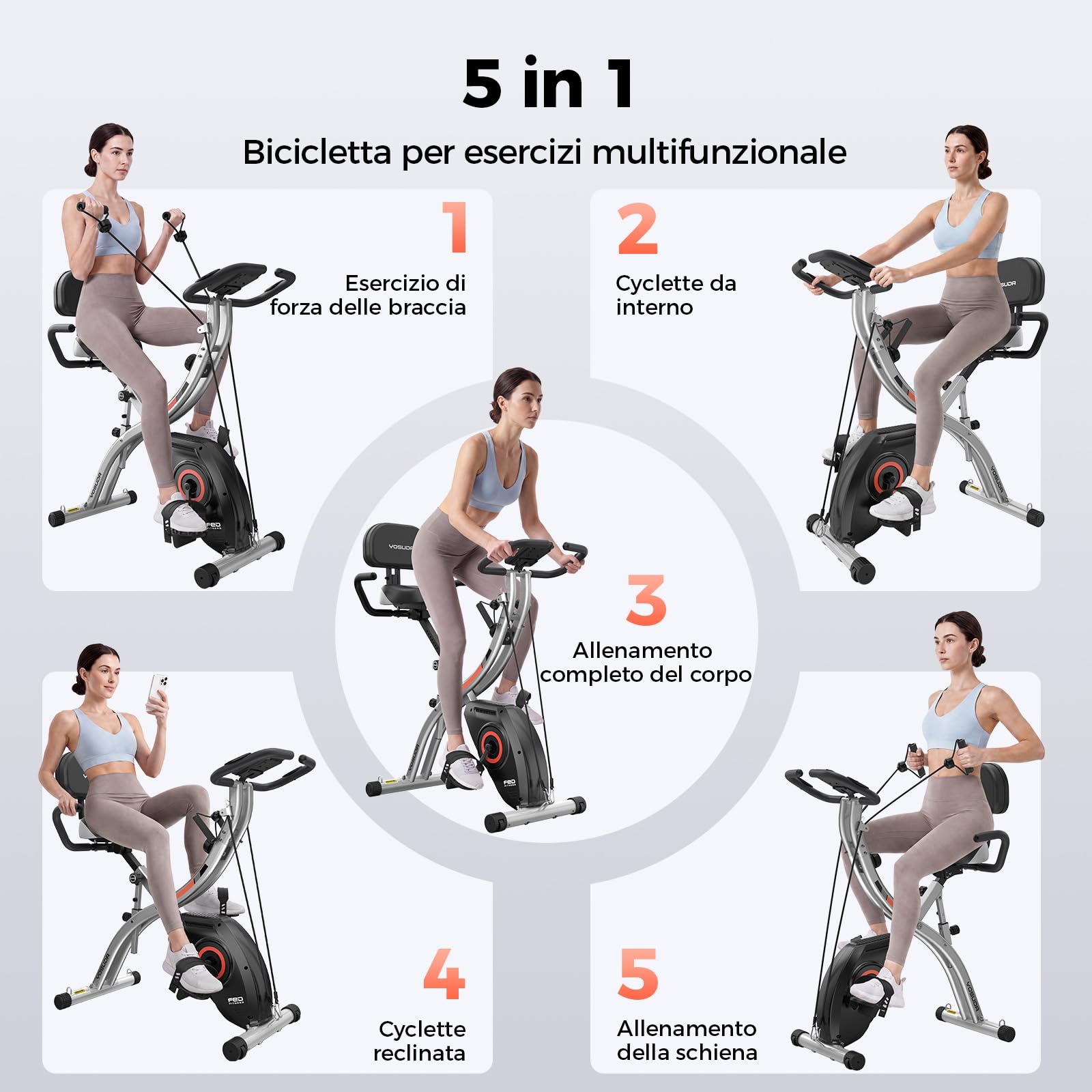 YOSUDA Cyclette da Casa Pieghevole 5 in 1 con APP, Cyclette Pieghevole con Banda Elastica, Monitor LCD, 8/16 Livelli di Resistenza, Sedile largo, Max 150/172 kg