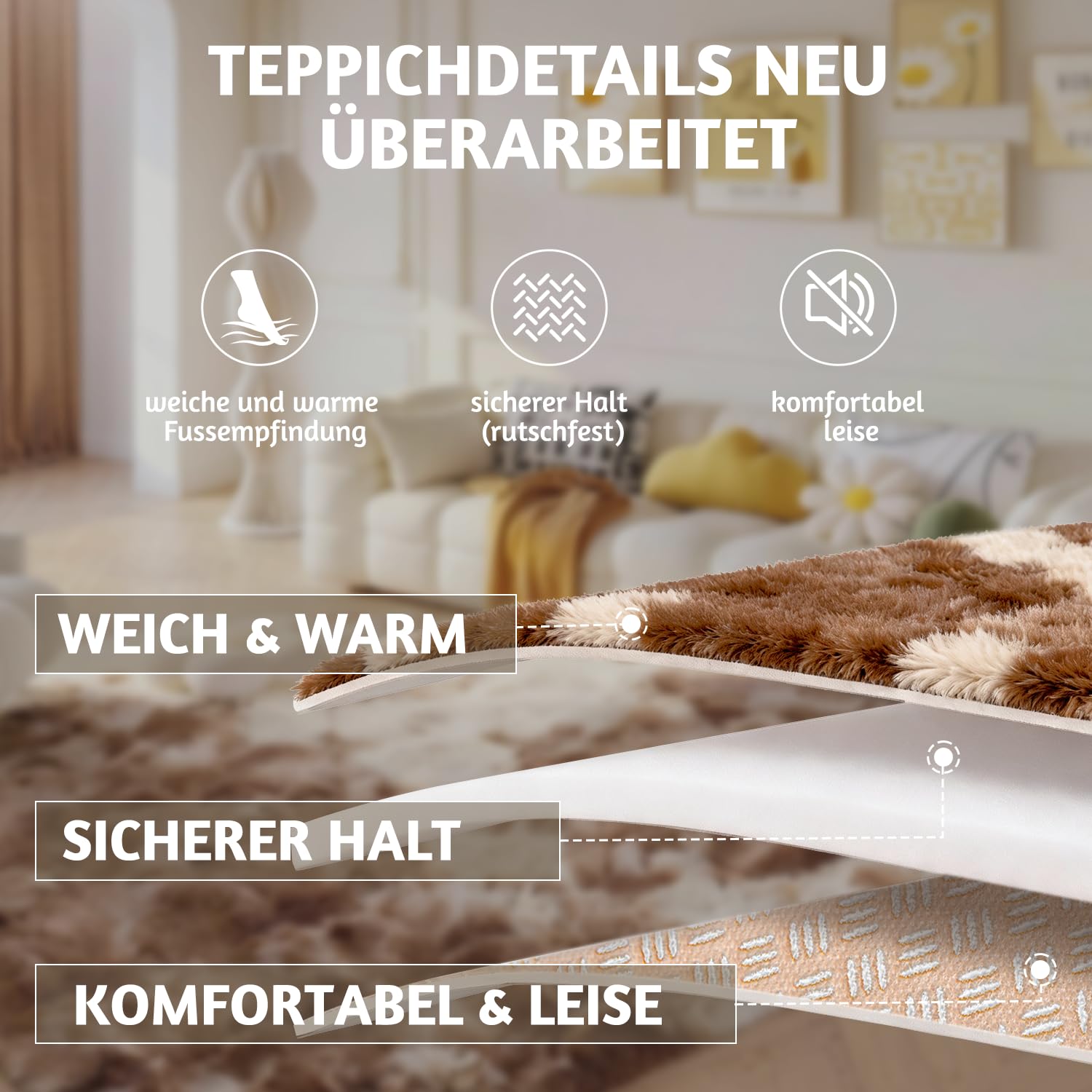 Teppich Wohnzimmer Braun 200x300 cm flauschig weich | Hochflor-Teppich, waschbar, rutschfest, weich. Ideal für offene Räume, Esszimmer und große Schlafzimmer.