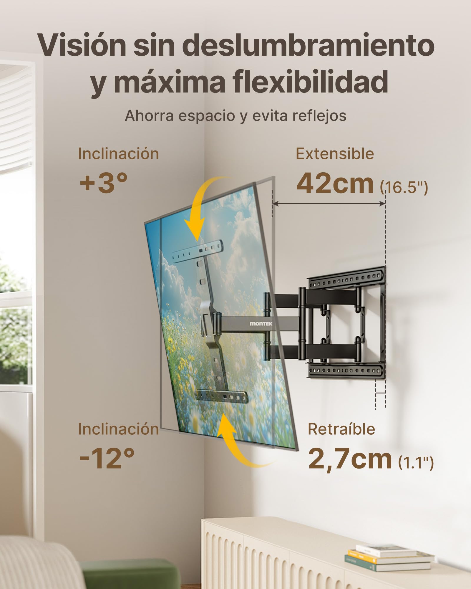 monTEK Slim - Soporte de pared para televisores de 37 a 75 pulgadas (hasta 60 kg, máx. VESA 400 x 400) | Soporte de TV de 1,1 pulgadas, orientable, inclinable y extensible, totalmente móvil, 4 posiciones de carga, fácil montaje