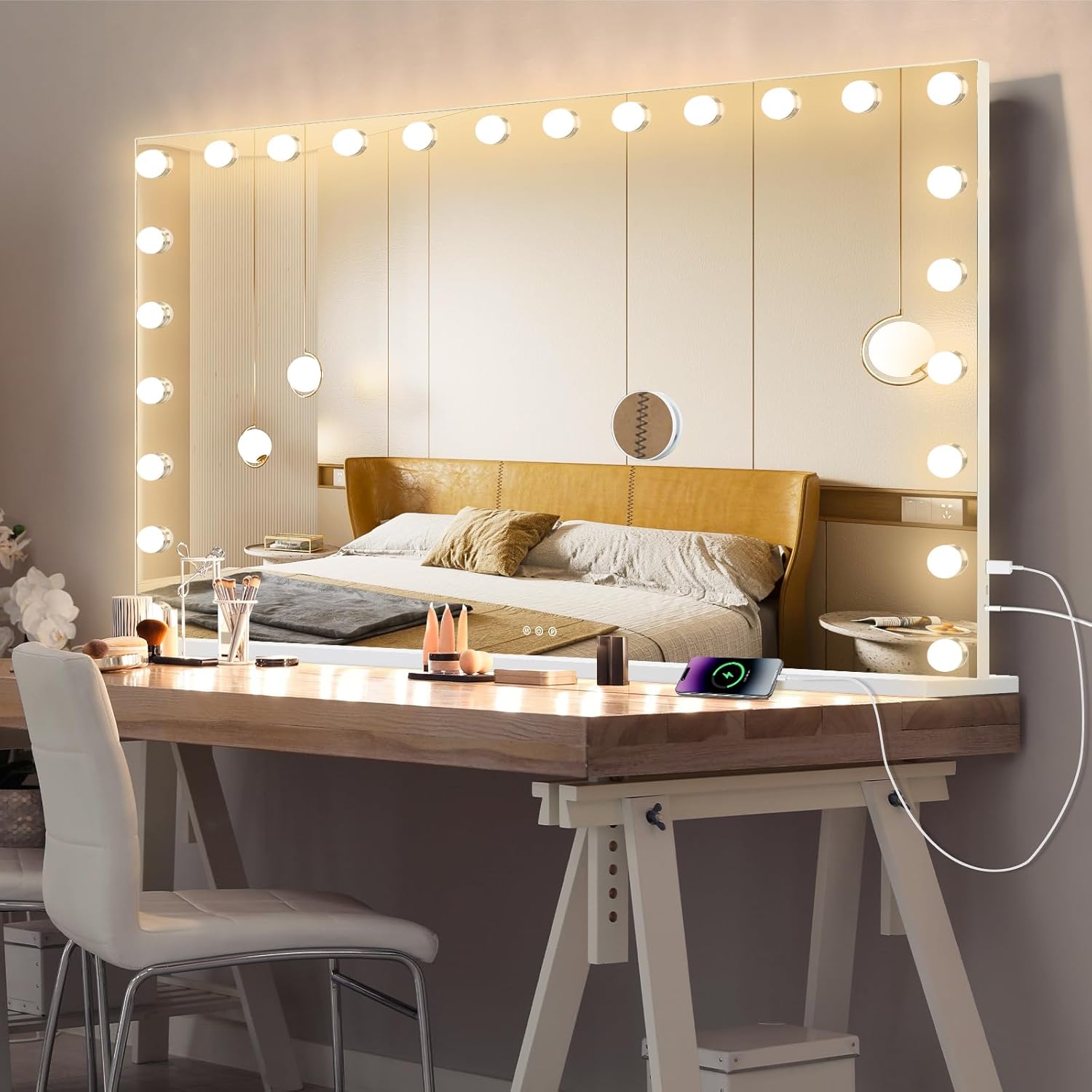 Hollywood Vanity Mirror with Lights, 21 Dimmable Bulbs, 3 Color Lights,Make Up Lighted Mirror, Aluminum Metal Frame, USB Charging Port（40" x 30"）
