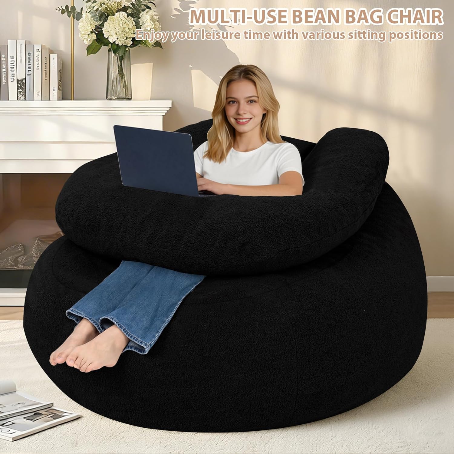 HABUTWAY Giant Bean Bag Sofa, Oversized Beanbag Chair with Filler, Ultra Soft Teddy Fleece Bean Bag Lounge Floor Sofa w/U-Shaped Pillow for Gaming, Reading, Black & Black - Image 3