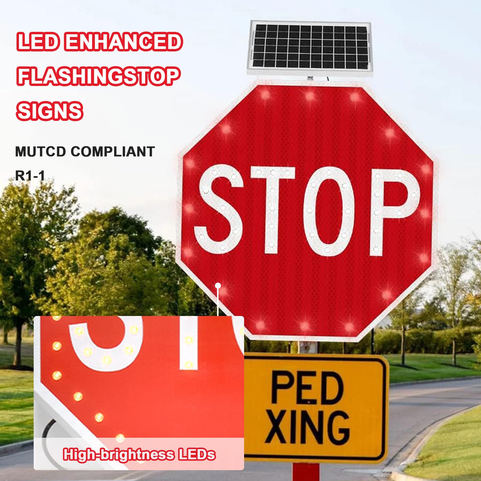 Señal Vial Stop Metálica Termolacada 30" con Iluminación LED Solar Intermitente y Película Reflectante Industrial, Señal Vial Calzada, Esencial para Calzadas