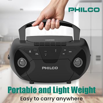 Philco Portable CD Player Boombox Cassette Player Combo with Bluetooth, FM Radio CD Players for Home, Cassette Tape Player, Compatible MP3/WMA/CD-R/CD-RW Aux Input, Stereo Sound, AC Powered