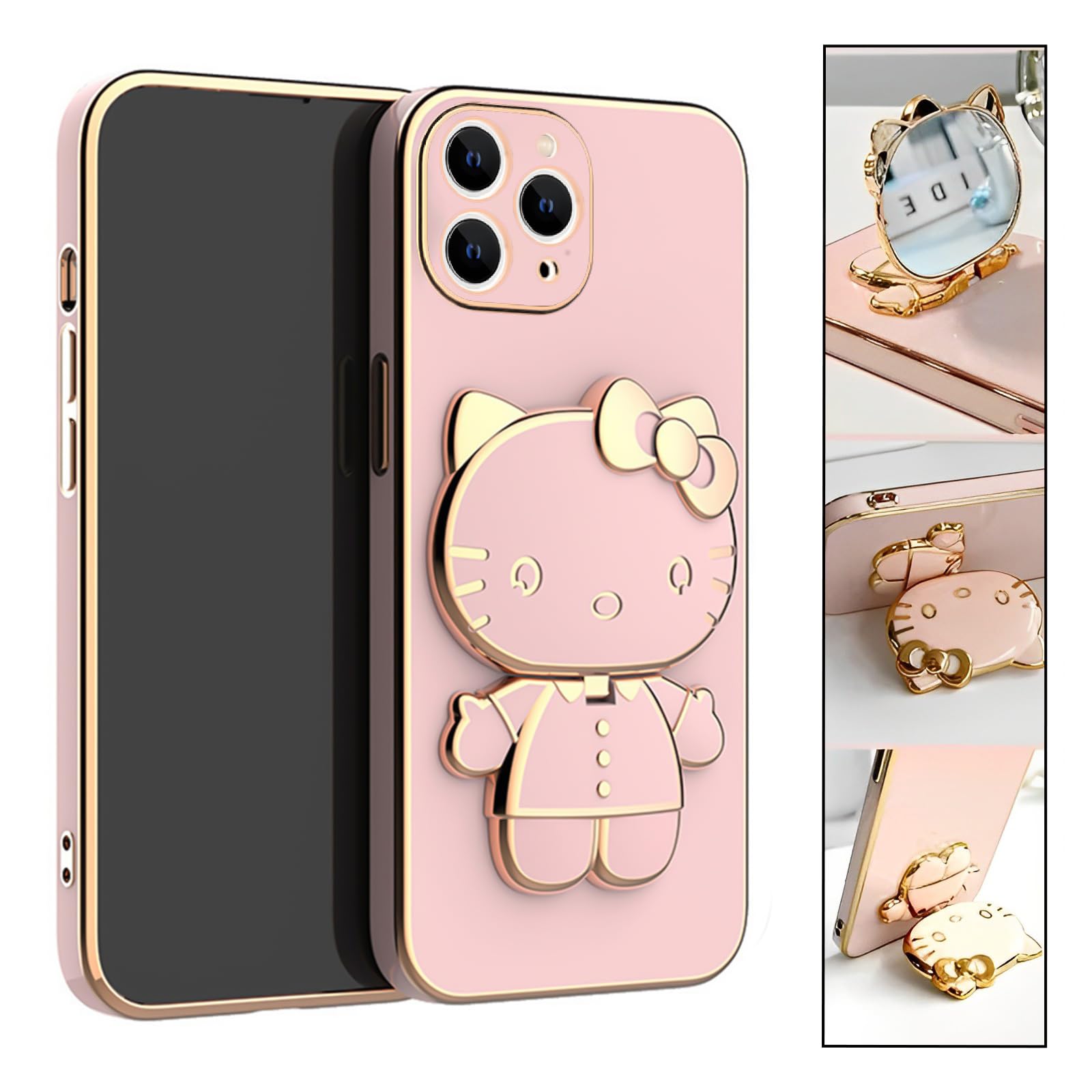 Get Tech Go® Stand Back Case Cover Compatible for iPhone 12 Pro Max | Shockproof | with Kitty Kick Stand & Mirror | Raised Edges | Camera Protection | Cute Girl Case (Pink)