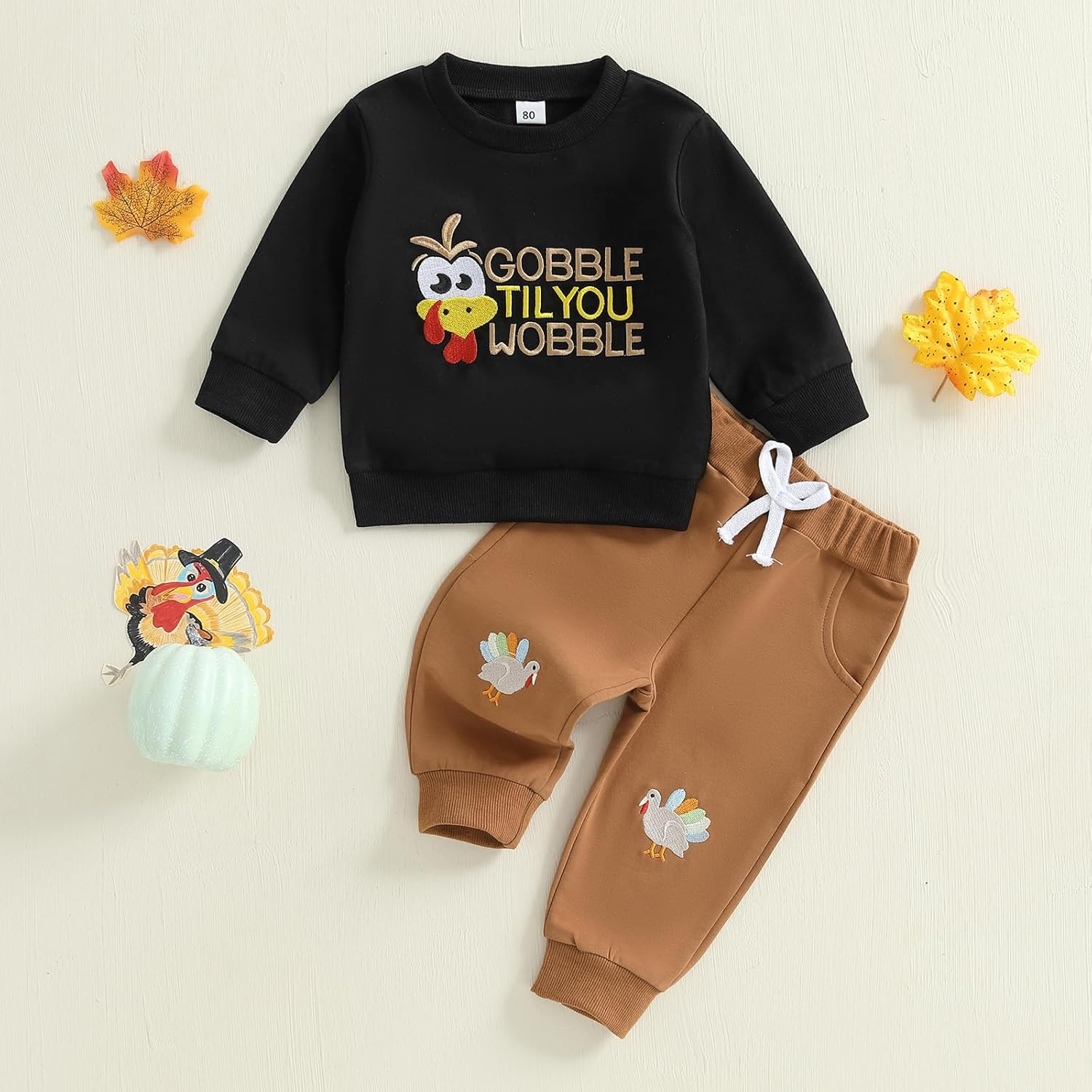 Toddler Baby Boy Thanksgiving Outfit Turkey Letters Embroidery Crewneck Sweatshirt and Jogger Pants 2Pcs Clothes Set - Image 5