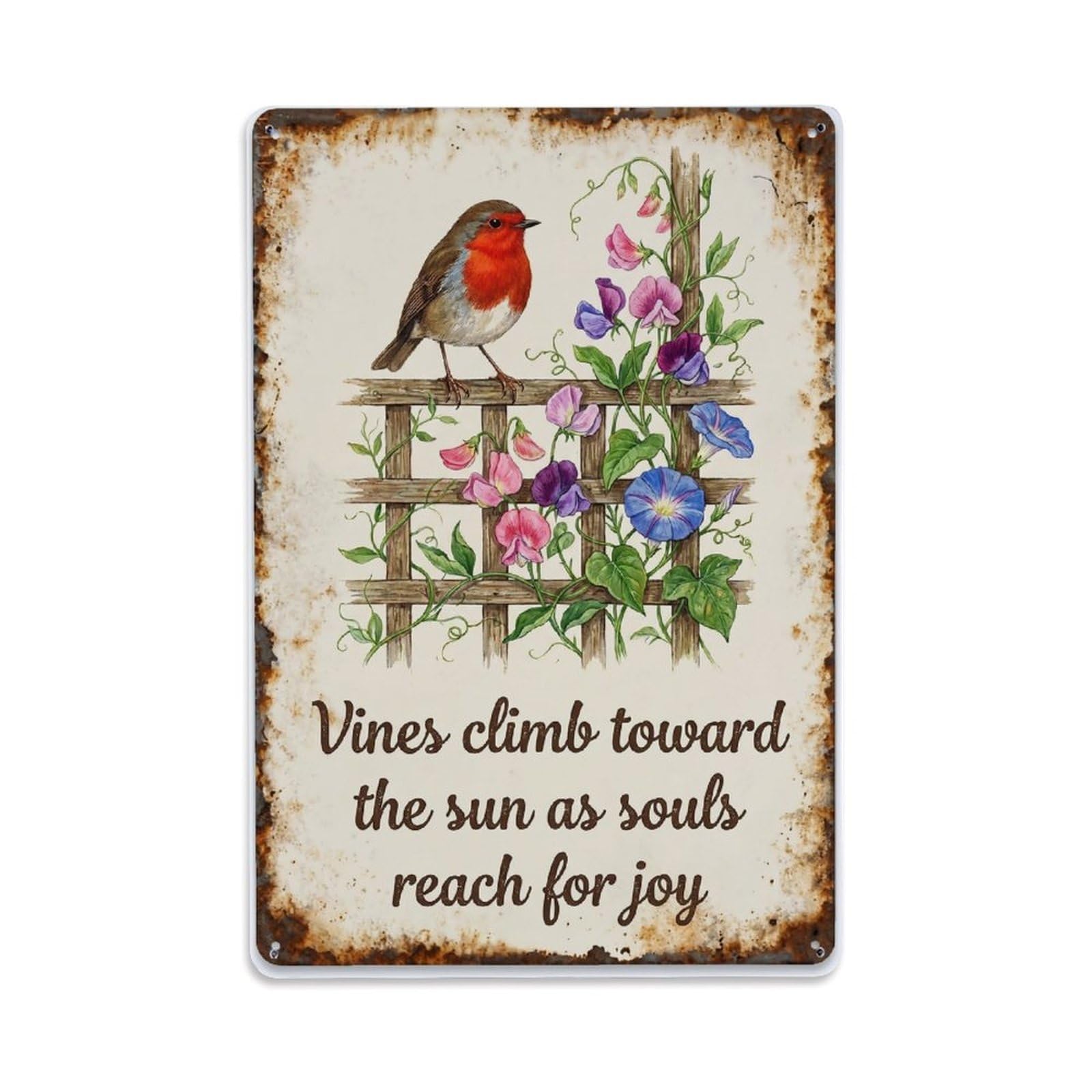 Fqnyr Style Robin Bird Garden Quote Climbing Vines Metal Tin Sign Plaque Wall Decor For Cafe, Club Bar, Office, Home Garden Metal Poster 8X12inch