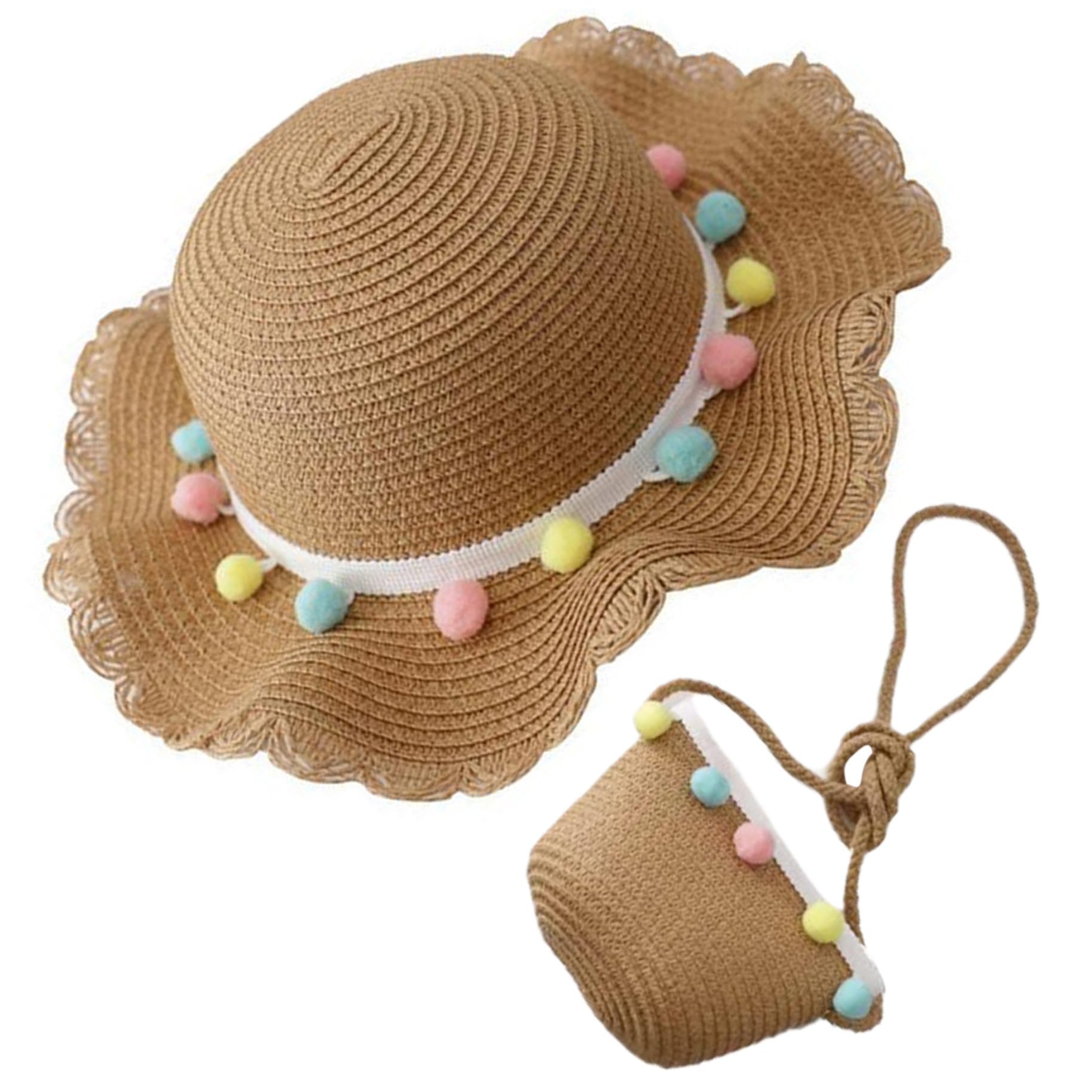 Dorccsi Sombrero De Paja para NiñOs Y Bolso De Paja NiñAs Sombrero De Paja De Playa De Verano Y Bolsa De Paja Tejida Sombreros De Playa De ala Ancha con Bolso De Hombro para NiñAs De 2 A 5 AñOs
