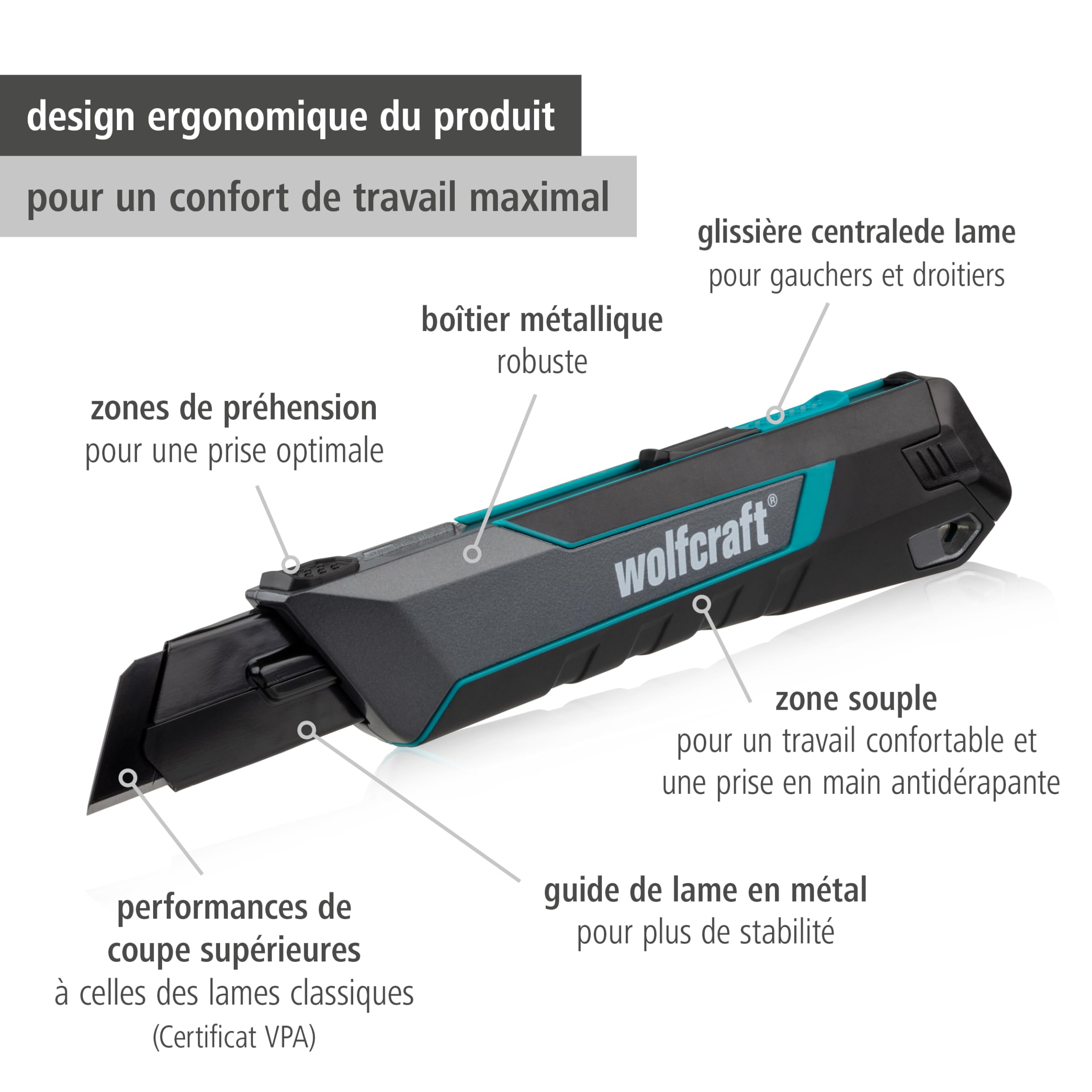 wolfcraft 4291000 - Cutter à lame sécable PRO SAFETY, 25 mm - Cutter professionnel ultra-tranchant avec une ergonomie optimale pour les gauchers et les droitiers