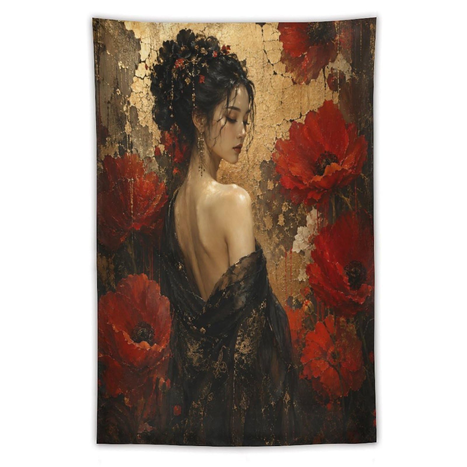 W7C8U2X3 Vintage Red Poppy Woman Wall Tapestry, Impressionist, College Dorm