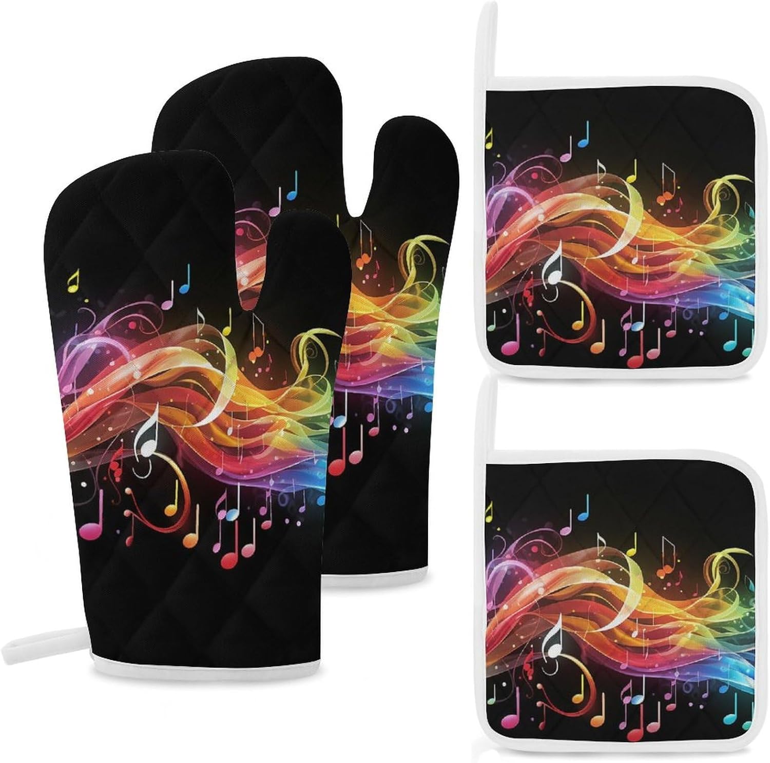 4-Piece Oven Mitts and Pot Holders Set Rainbow Musical Note Melody Printed Heat-Resistant Polyester Kitchen Gloves and Potholders Comfortable & Durable for Cooking Baking and Grilling