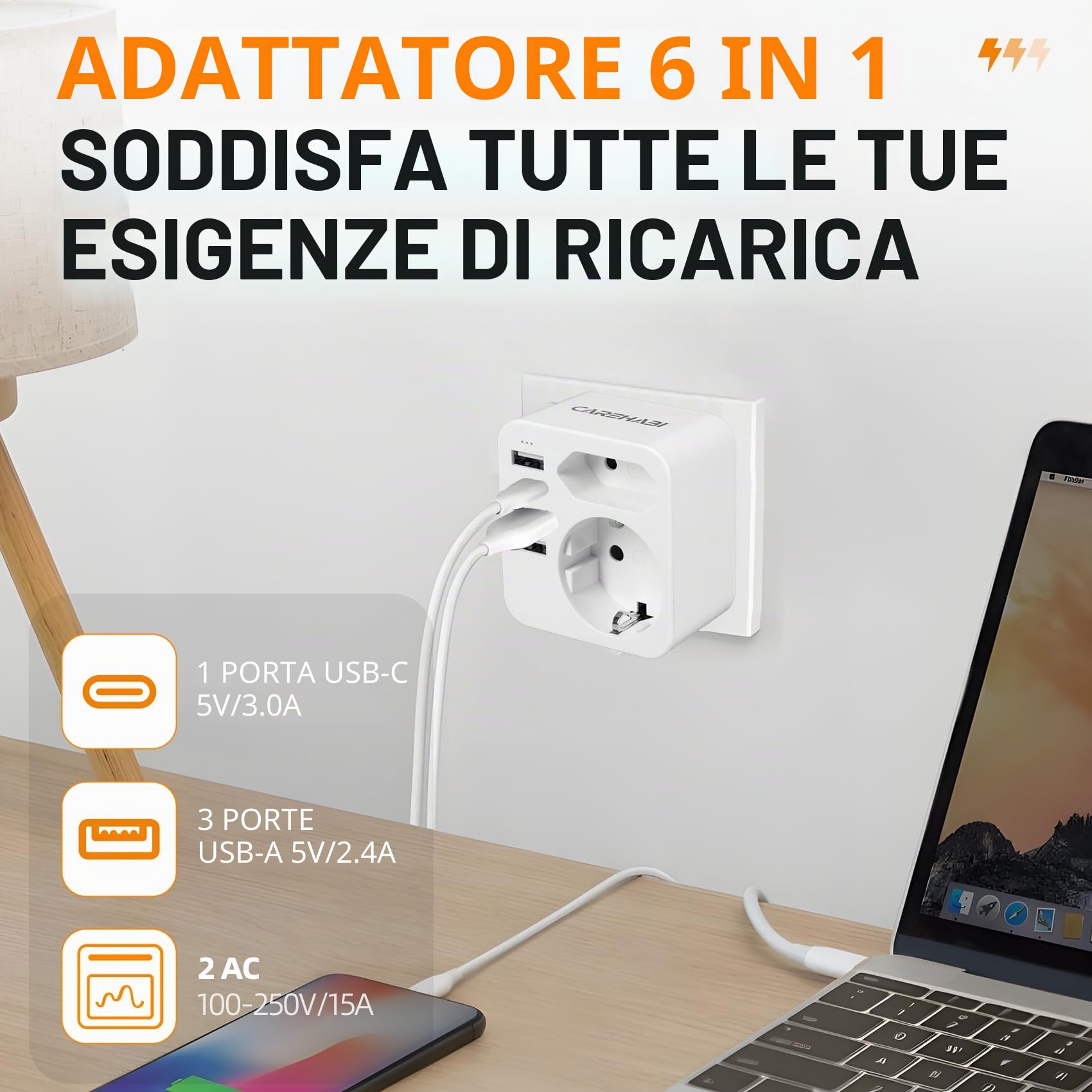 Adattatore Presa Americana, Adattatore USA mit 3 USB 2.4A Europa Spagnola 2-Pin a 3-Pin USA per Messico, Canada, Tailandia, Perù, Colombia, Tipo B