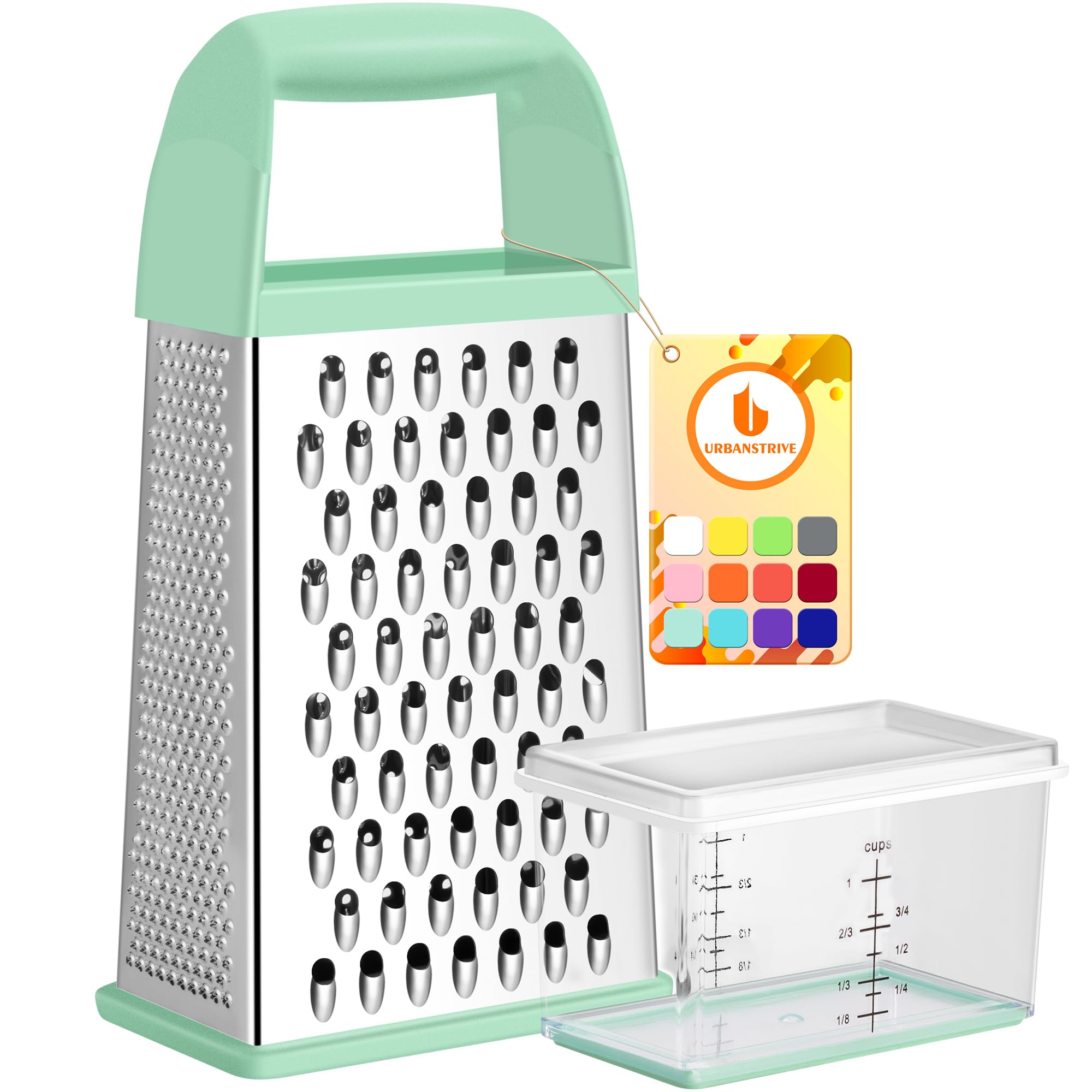 Urbanstrive Cheese Grater With Container, Professional Cheese Grater with Handle, Stainless Steel Graters for Kitchen Handheld, Box Grater with 4 Sides for Vegetables, Ginger, Potatoes (Mint Green)