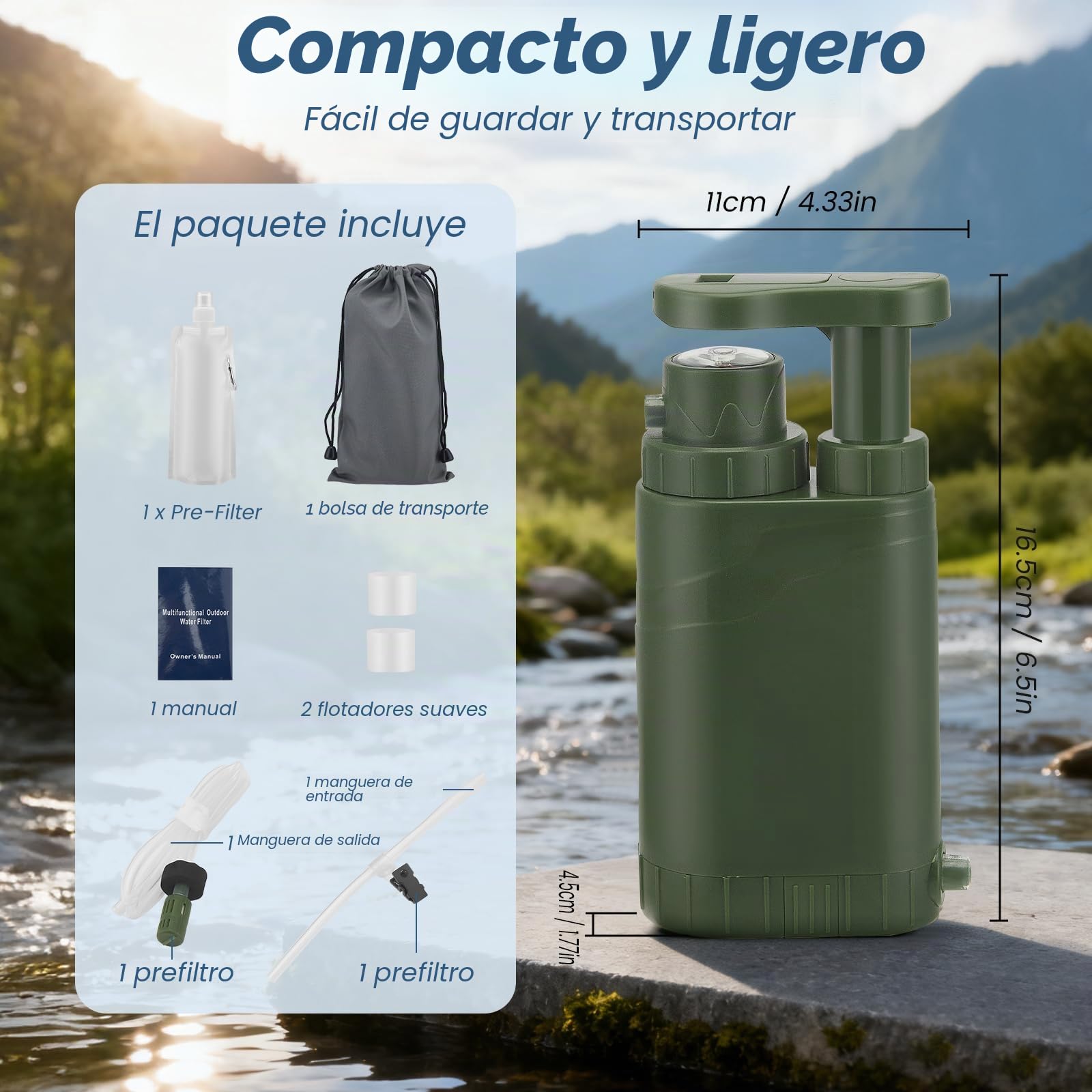 Filtro de agua de supervivencia para acampada, senderismo y trekking,filtro de 0,01 micras,filtro de agua de supervivencia de 2000 ml,filtro potabilizador de agua para acampada y emergencias